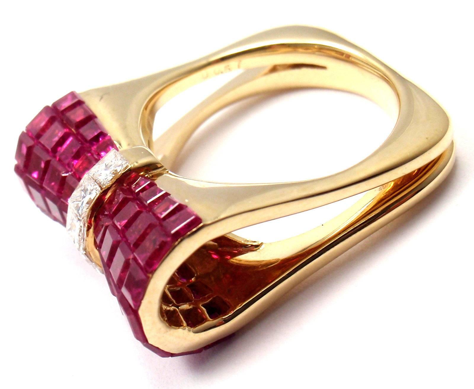 Princess Cut  Diamond Ruby Invisible Setting Bow Yellow Gold Ring