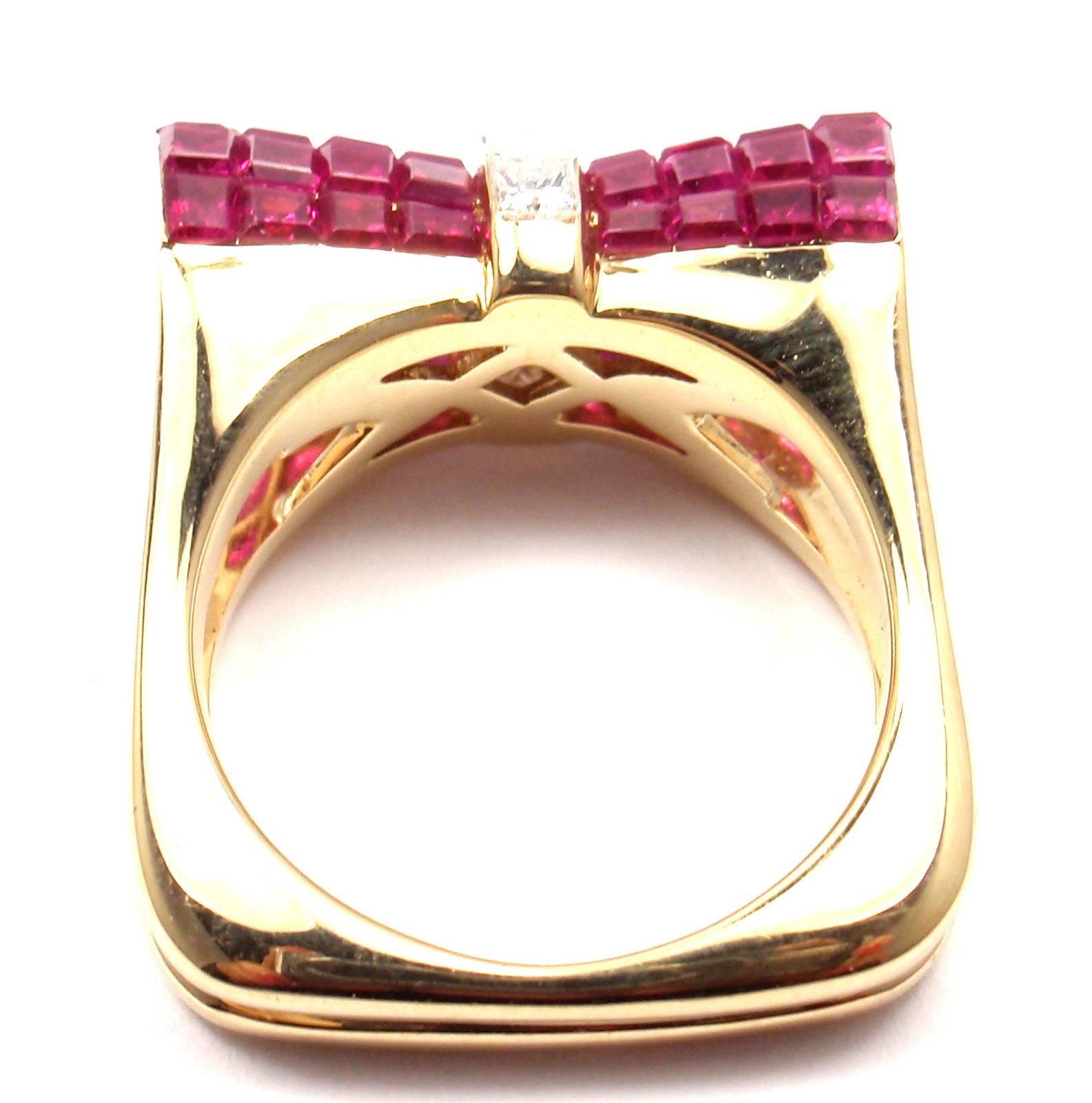  Diamond Ruby Invisible Setting Bow Yellow Gold Ring 1