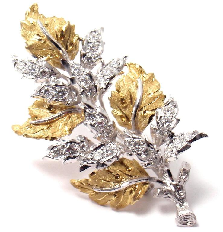 Buccellati Diamond Leaf Yellow And White Gold Brooch Pin at 1stDibs