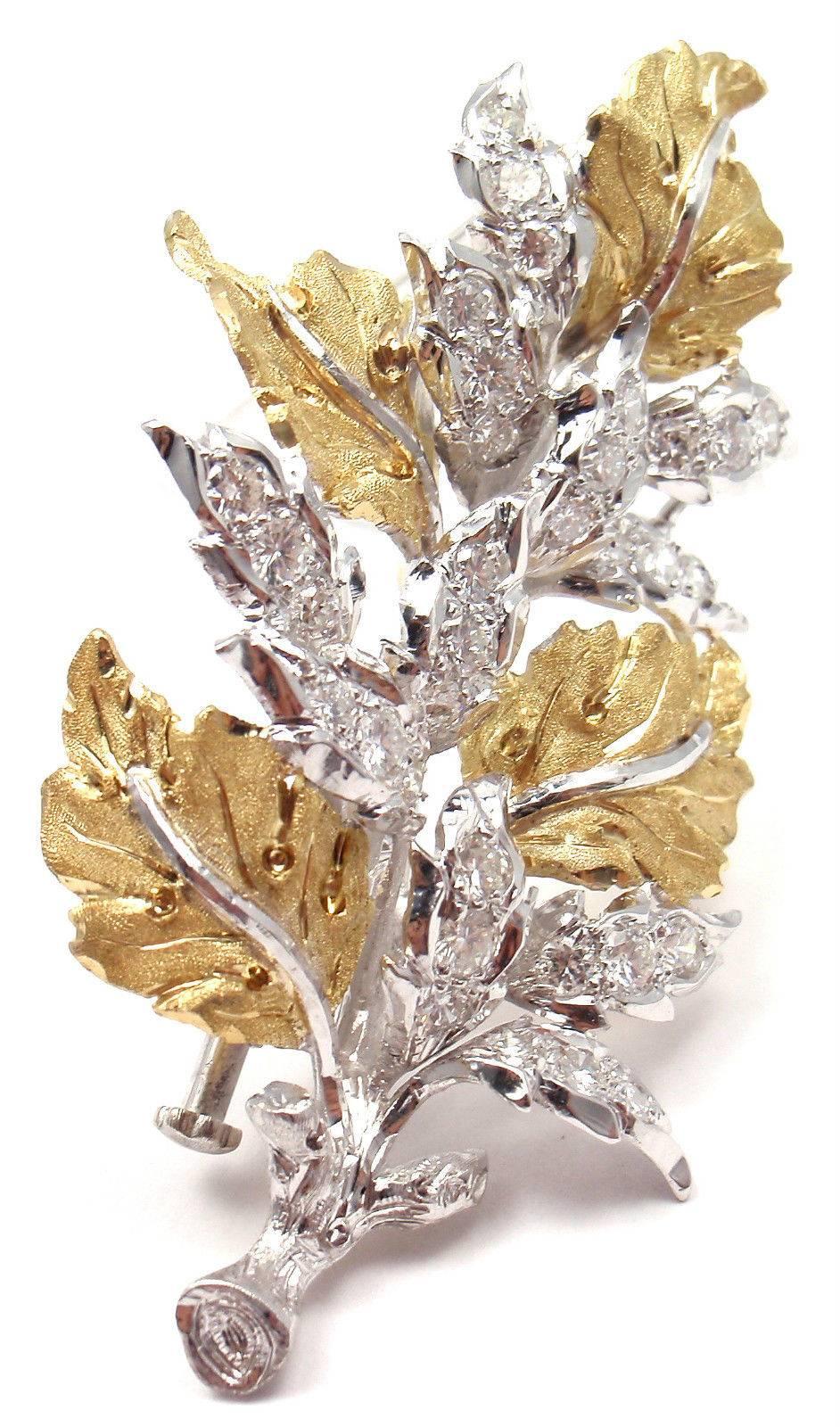 Buccellati Diamond Leaf Yellow And White Gold Brooch Pin In New Condition In Holland, PA
