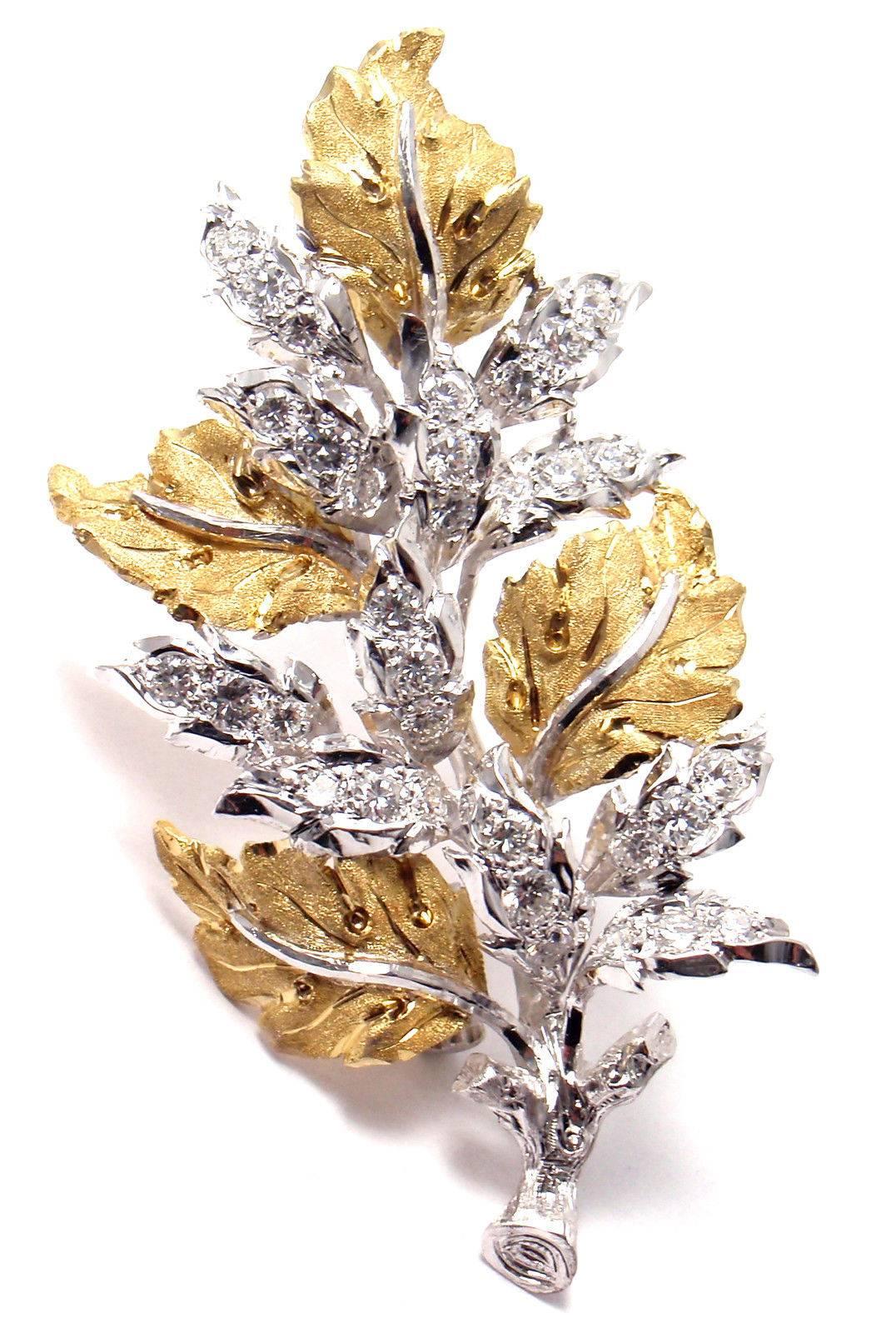 18k Yellow And White Gold Diamond Leaf Brooch Pin by Buccellati. 
With 33 round brilliant cut diamonds VS1 clarity, G color total weight approx. 1ct

Details: 
Weight: 12 grams
Measurements: 50.5mm x 26mm
Stamped Hallmarks:  Buccellati
