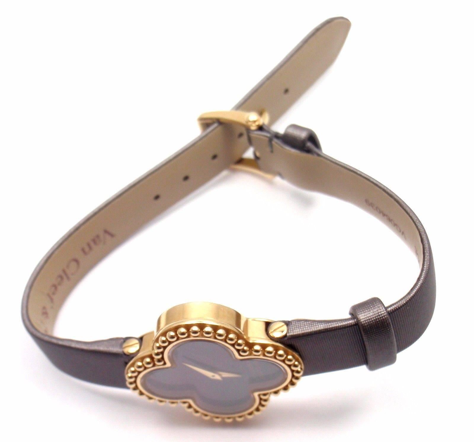 18k Yellow Gold Black Dial Vintage Alhambra Watch by Van Cleef & Arpels. 

Details: 
Model: Alhambra Vintage.
Dial: Black dial.
Crystal: Anti-glare Sapphire
Length: 7.5 inches.
Case Size: case diameter: 26mm x 26mm
Movement: Swiss