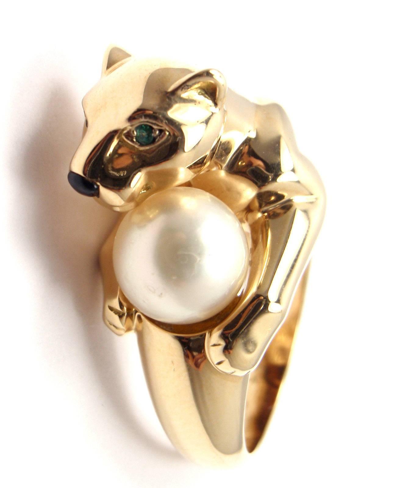 Cartier Panther Pearl Onyx Emerald Yellow Gold Ring In New Condition In Holland, PA