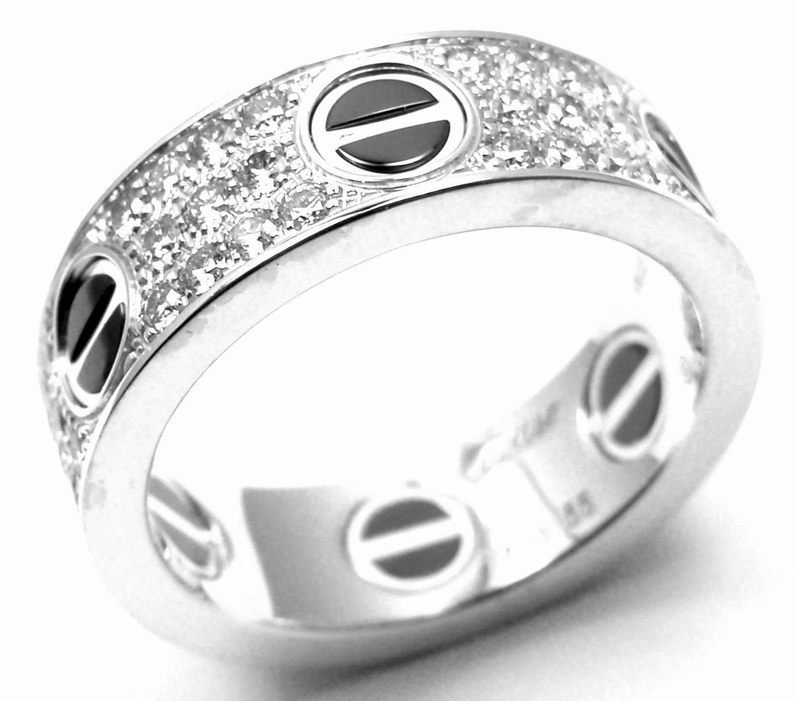 Cartier Love Diamond Paved Black Ceramic  White Gold Band Ring In New Condition In Southampton, PA