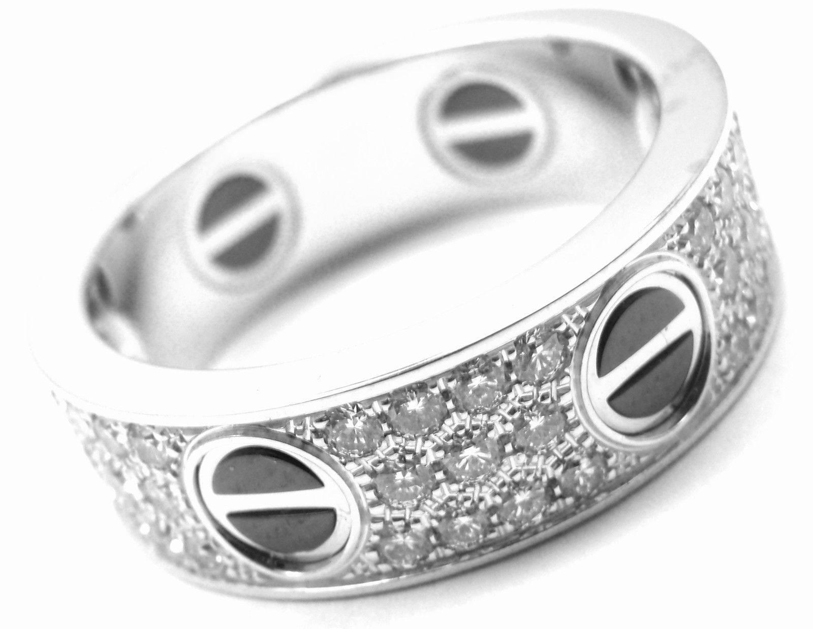 Women's or Men's Cartier Love Diamond Paved Black Ceramic  White Gold Band Ring