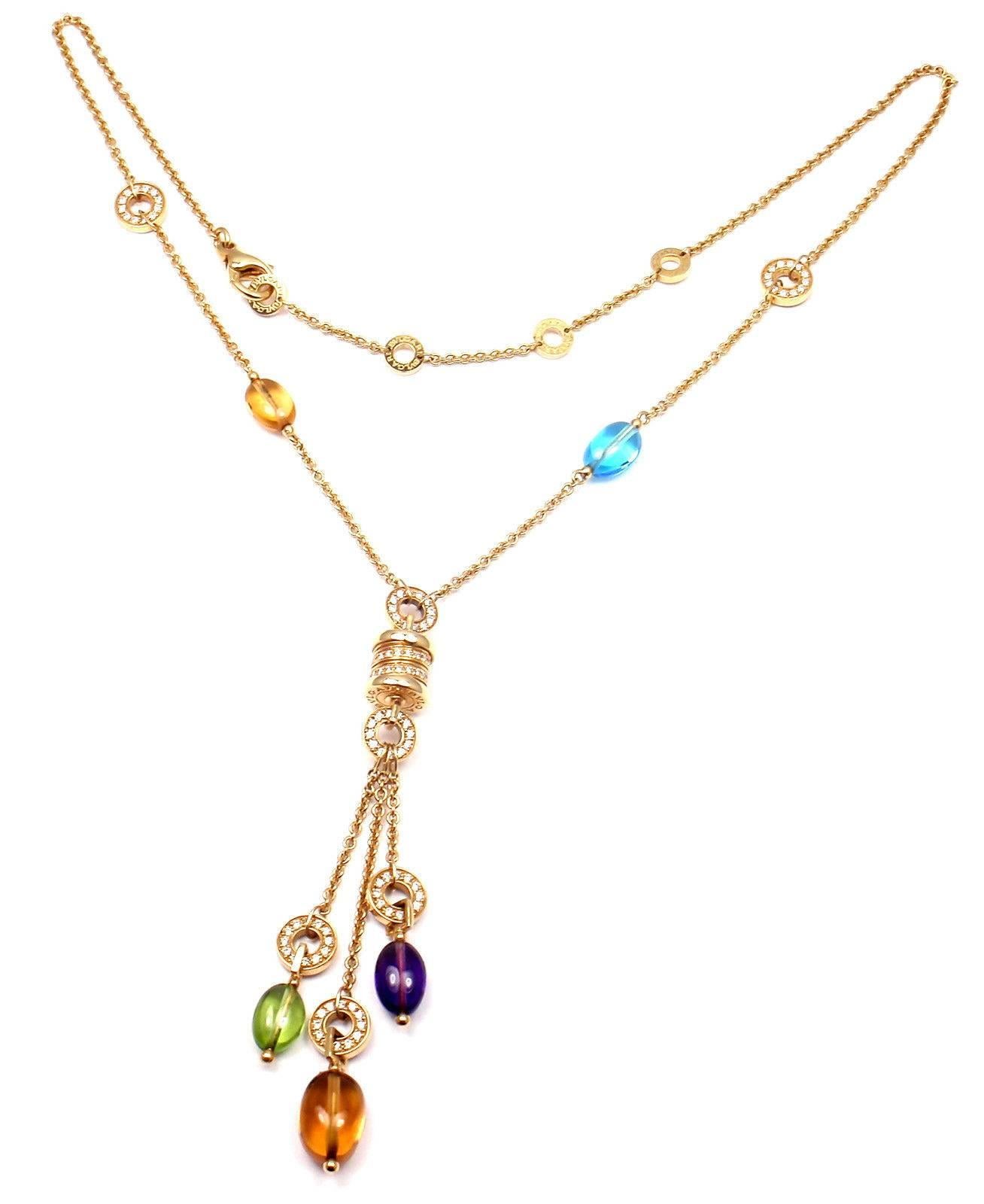 18k Yellow Gold B.Zero1 Diamond And Gemstone Pendant Necklace by Bulgari.  
With 121 round brilliant cut diamonds VS1 clarity, G color total weight approx. 1.21ct
Citrine, Amethyst, Peridot, Blue Topaz.
Retail Price: $13,500
This necklace comes