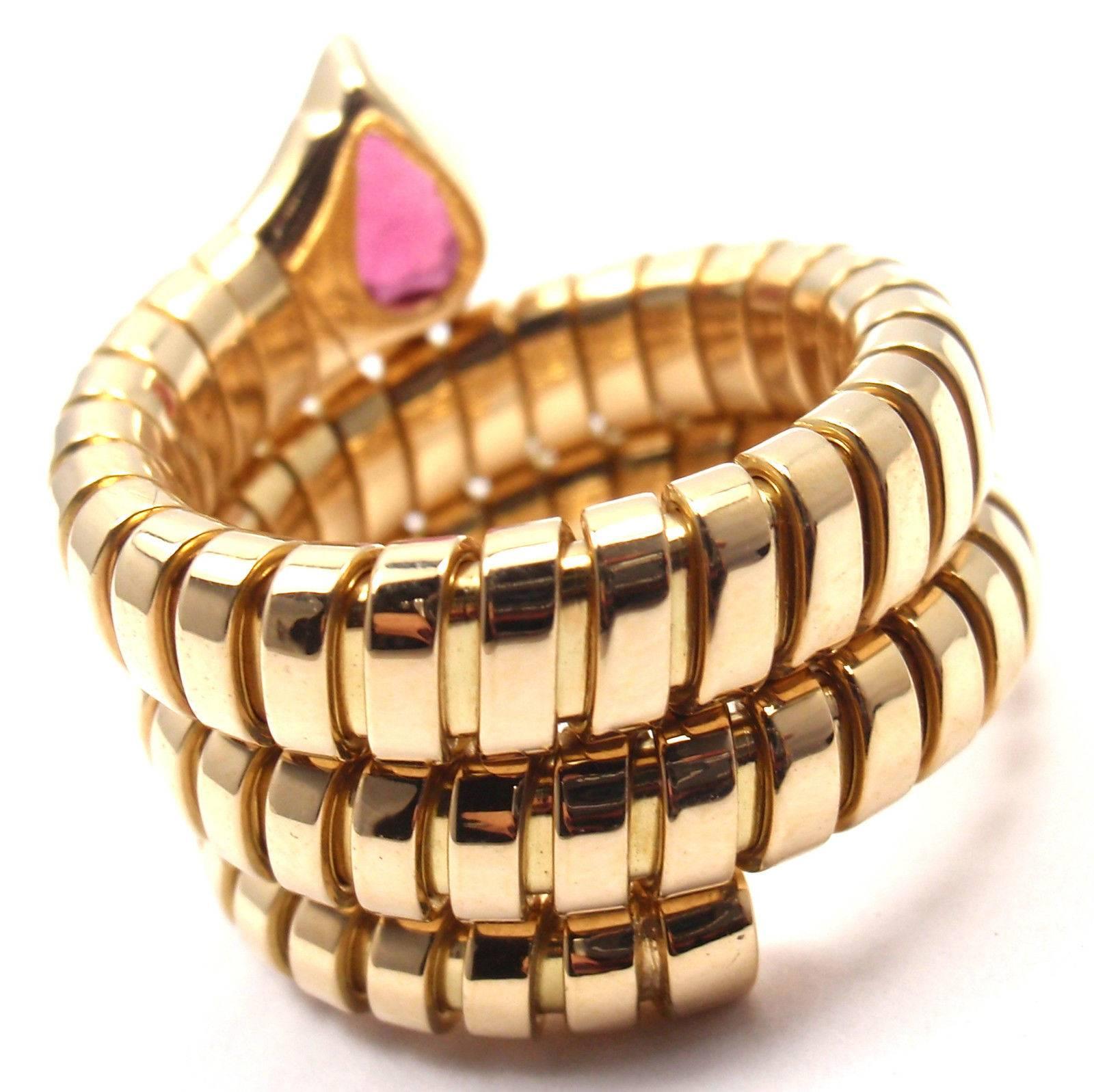 Women's or Men's Bulgari Tubogas Ruby Coil Snake Yellow Gold Ring