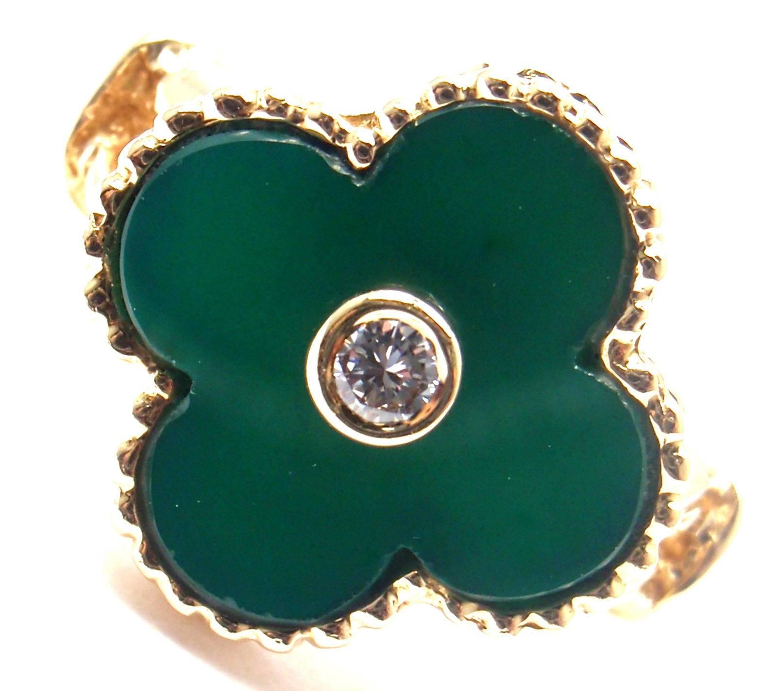 Van Cleef & Arpels Vintage Alhambra 18k Yellow Gold Diamond Green Chalcedony Ring.
With 1 Round brilliant cut diamond .06ct F/VS1 Alhambra cut Green Chalcedony 
Details: 
Size - 5 
Width: 15mm 
Weight: 5.4 grams
Stamped Hallmarks: VCA NY 18k