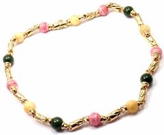 Bulgaria Green Jade White Jade Rhodochrosite Bead Link Yellow Gold Necklace
