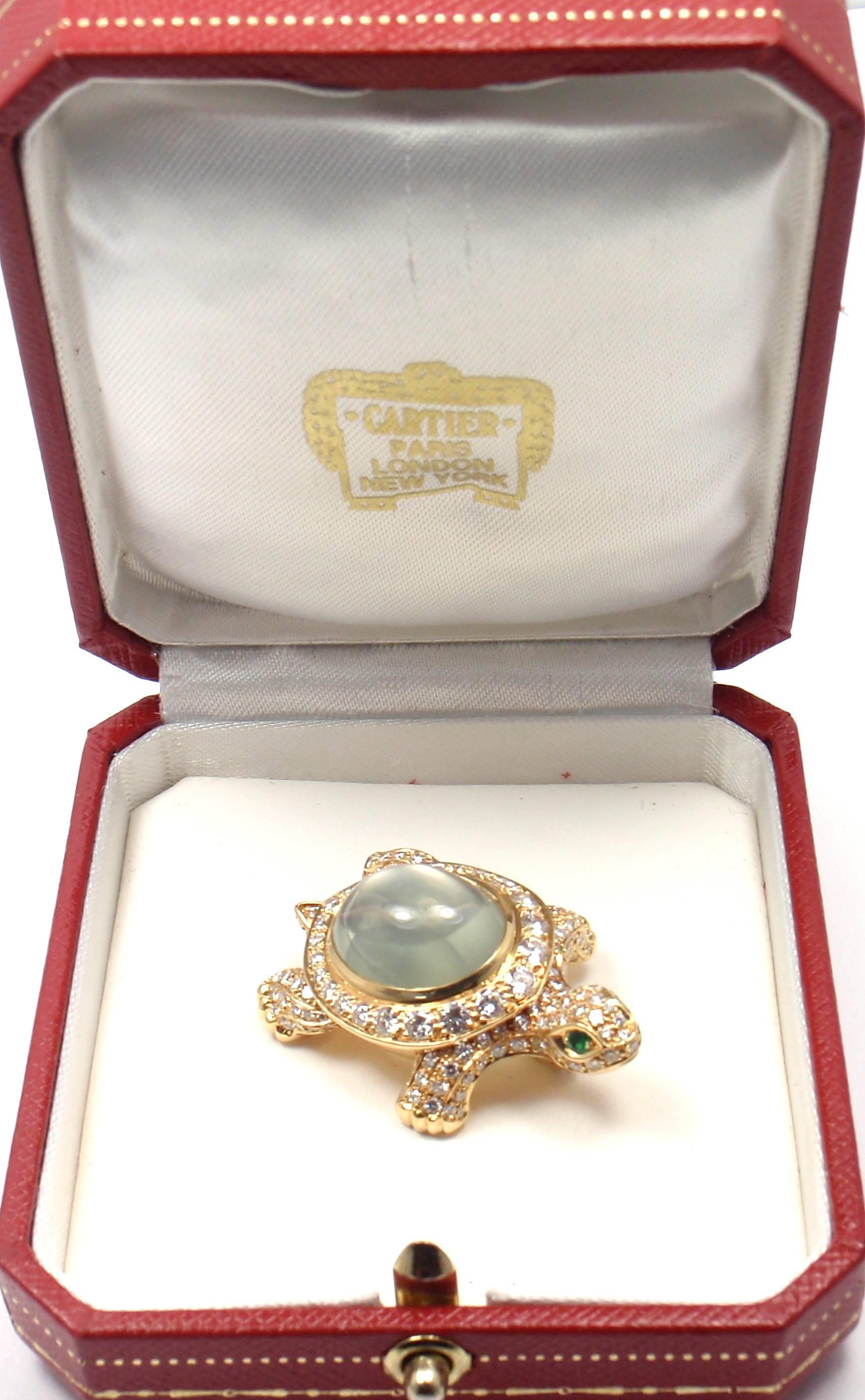 Women's or Men's Cartier Turtle Diamond Moonstone Emerald Yellow Gold Pin Brooch