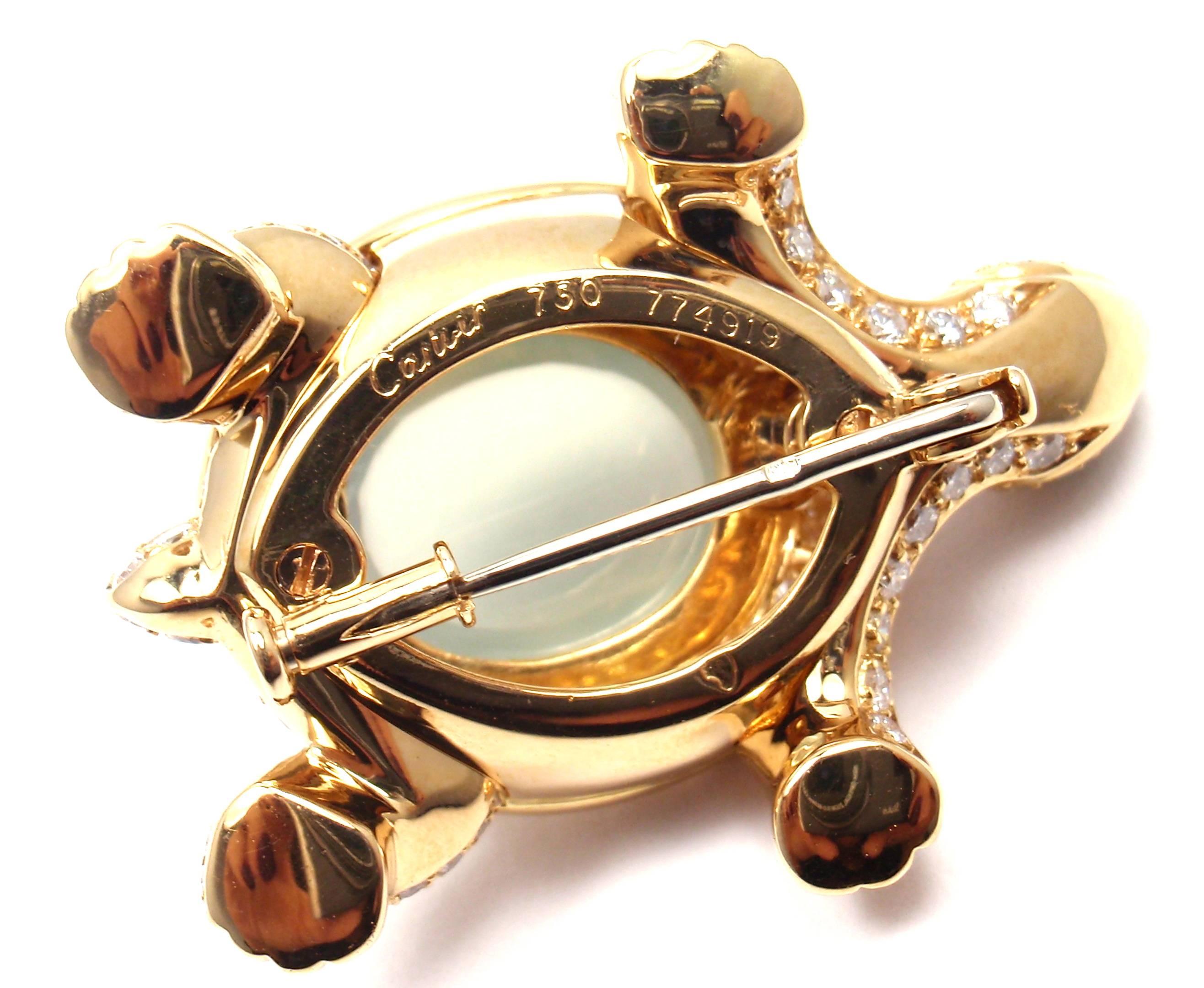 Cartier Turtle Diamond Moonstone Emerald Yellow Gold Pin Brooch 2