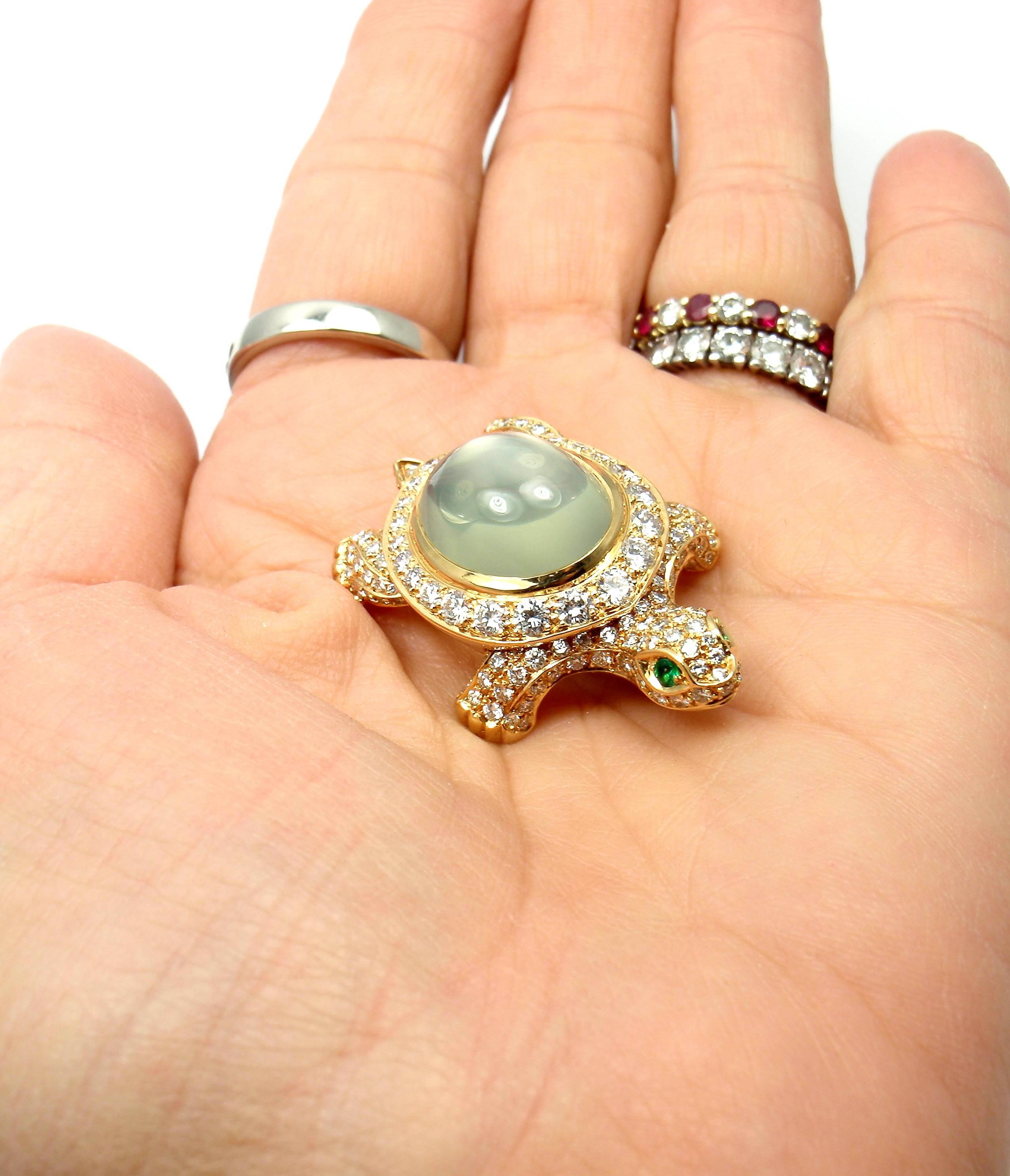 Cartier Turtle Diamond Moonstone Emerald Yellow Gold Pin Brooch 4