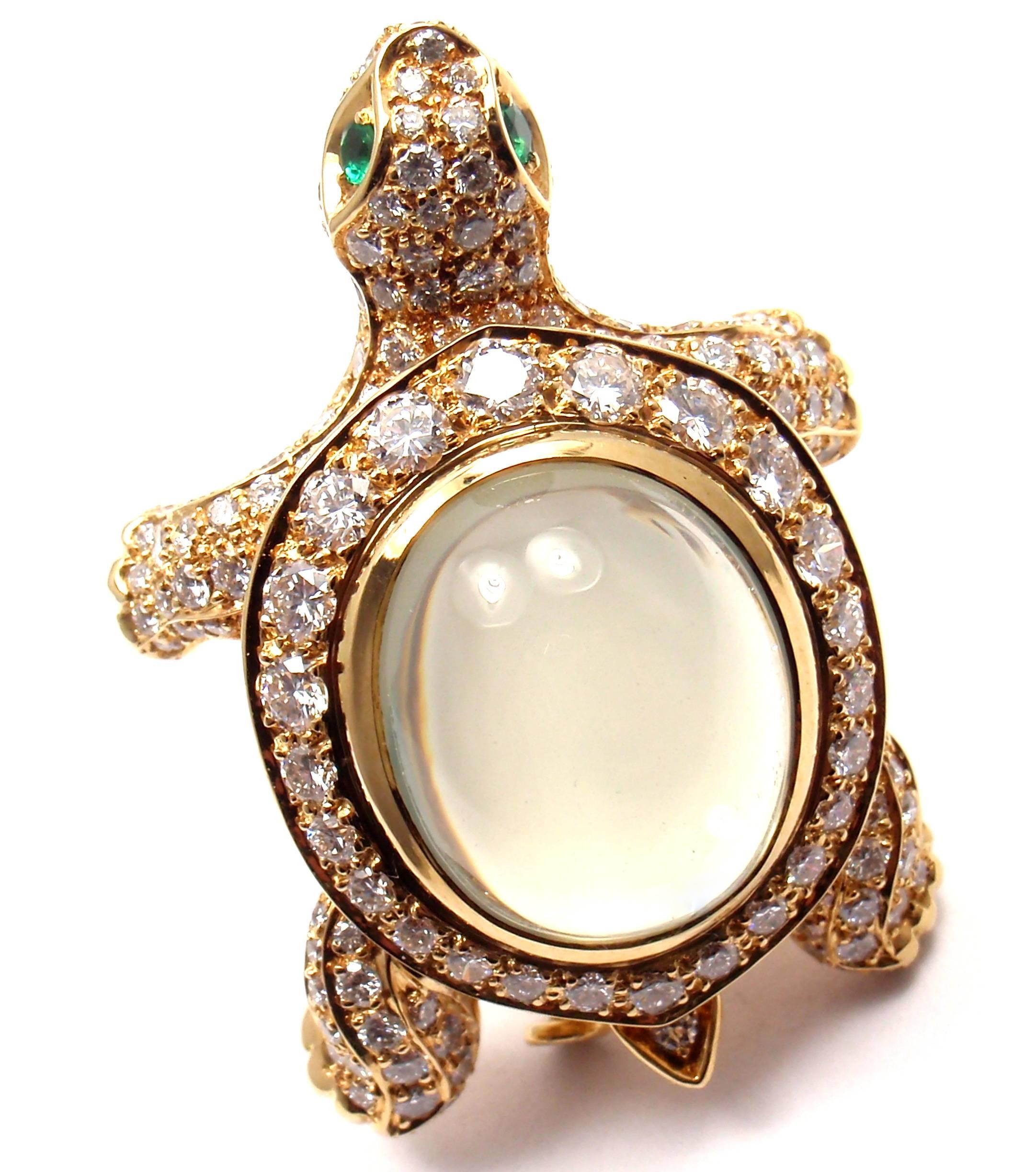 Cartier Turtle Diamond Moonstone Emerald Yellow Gold Pin Brooch 1