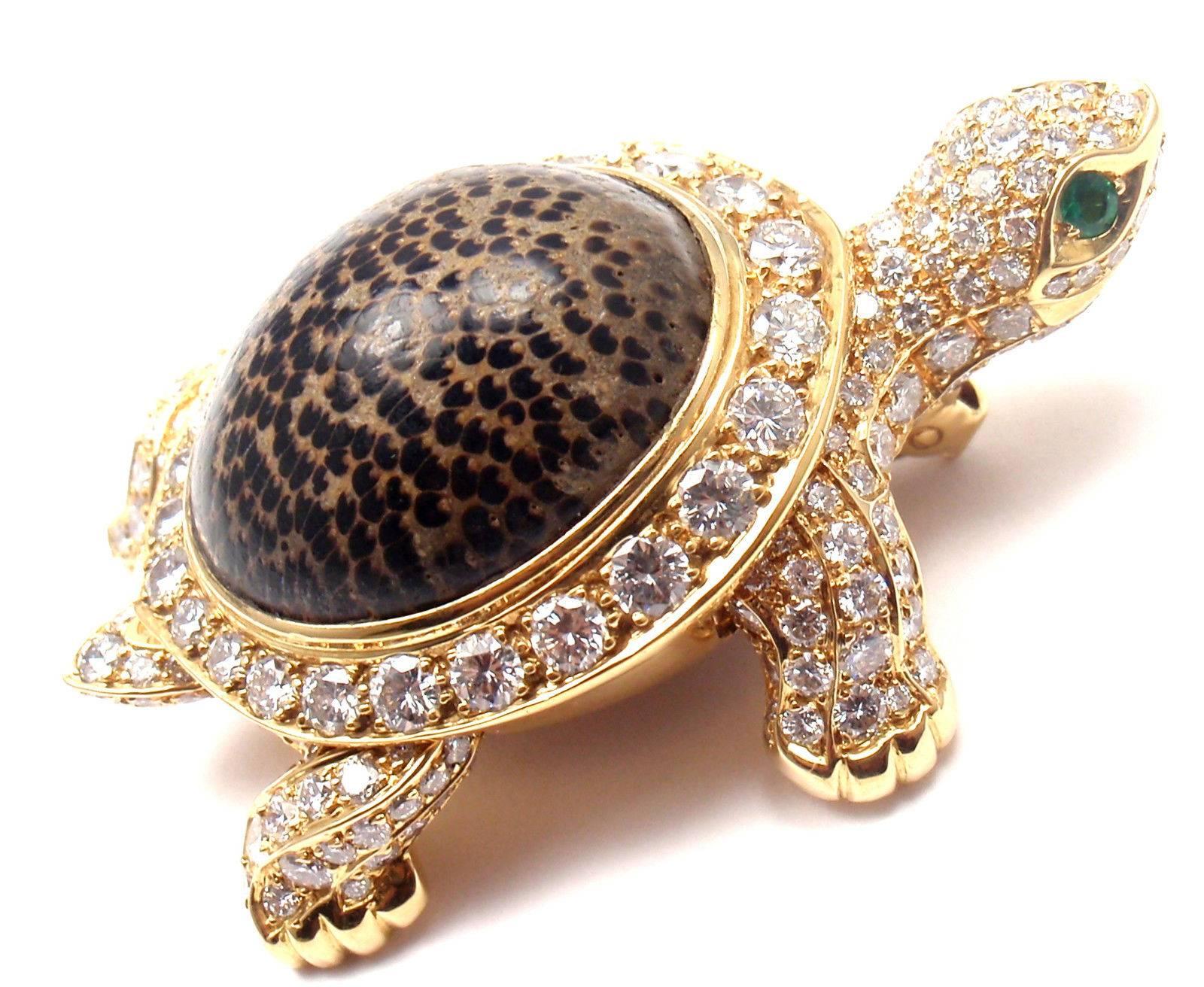 Cartier Turtle Diamond Fossil Jasper Large Pin Brooch In New Condition In Holland, PA