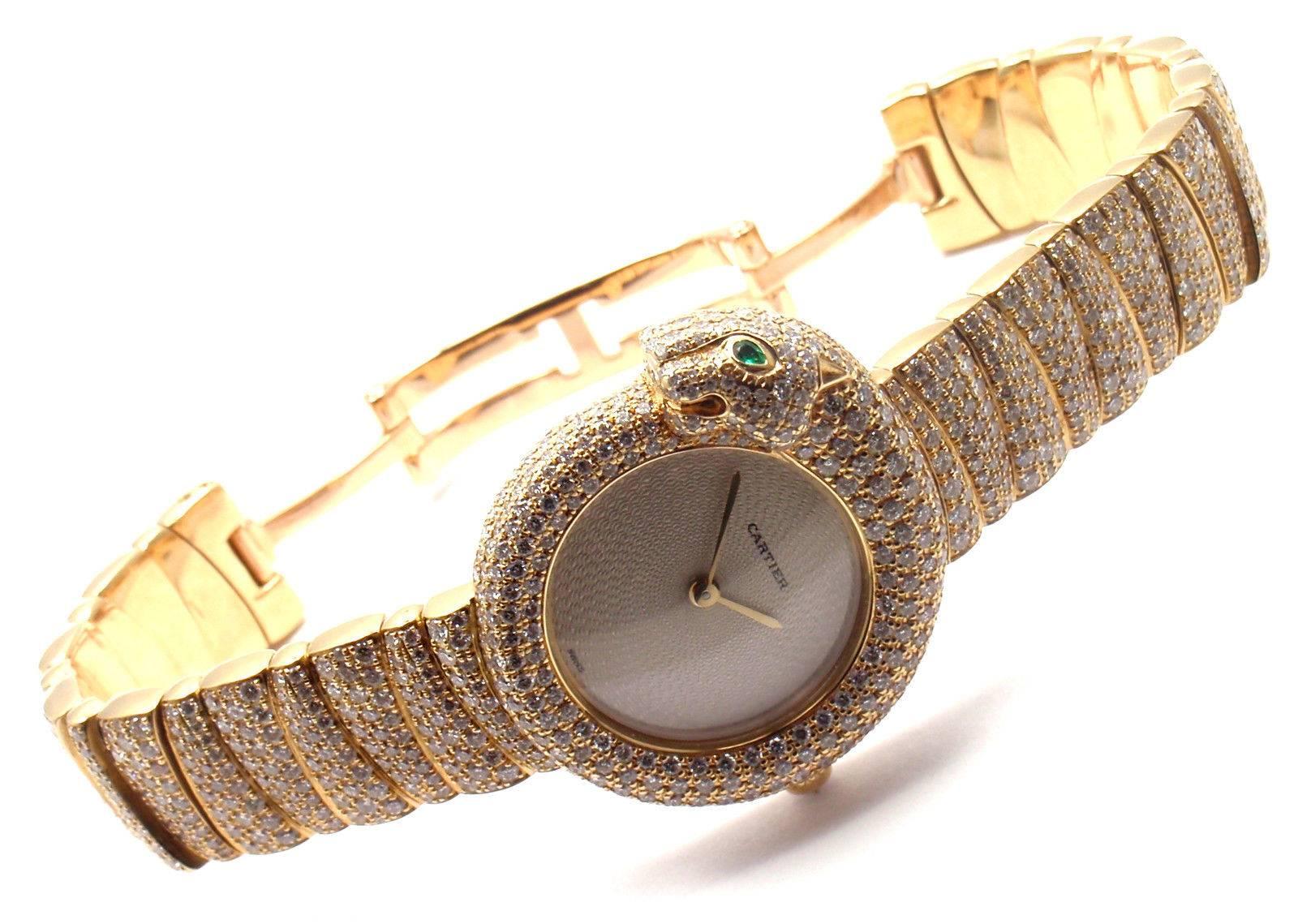 Cartier Ladies Yellow Gold Panther Panthere Diamond Emerald Bracelet Wristwatch 3