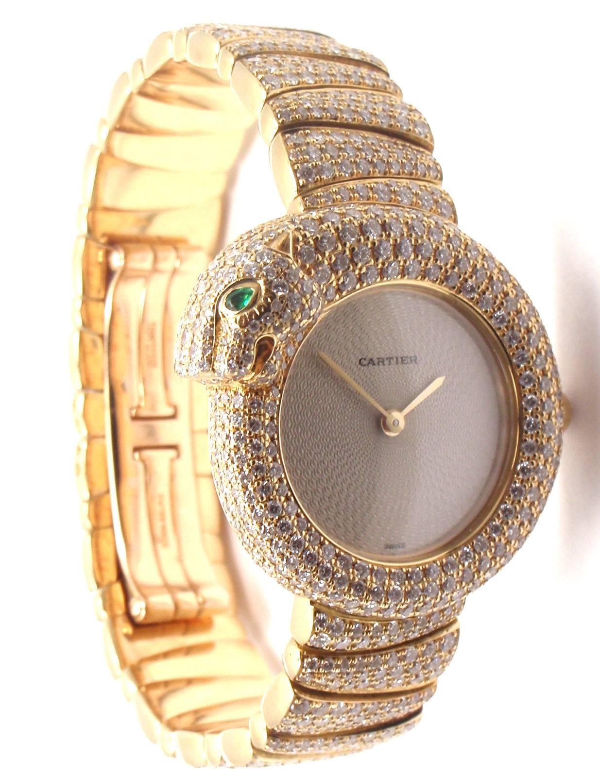 Women's or Men's Cartier Ladies Yellow Gold Panther Panthere Diamond Emerald Bracelet Wristwatch