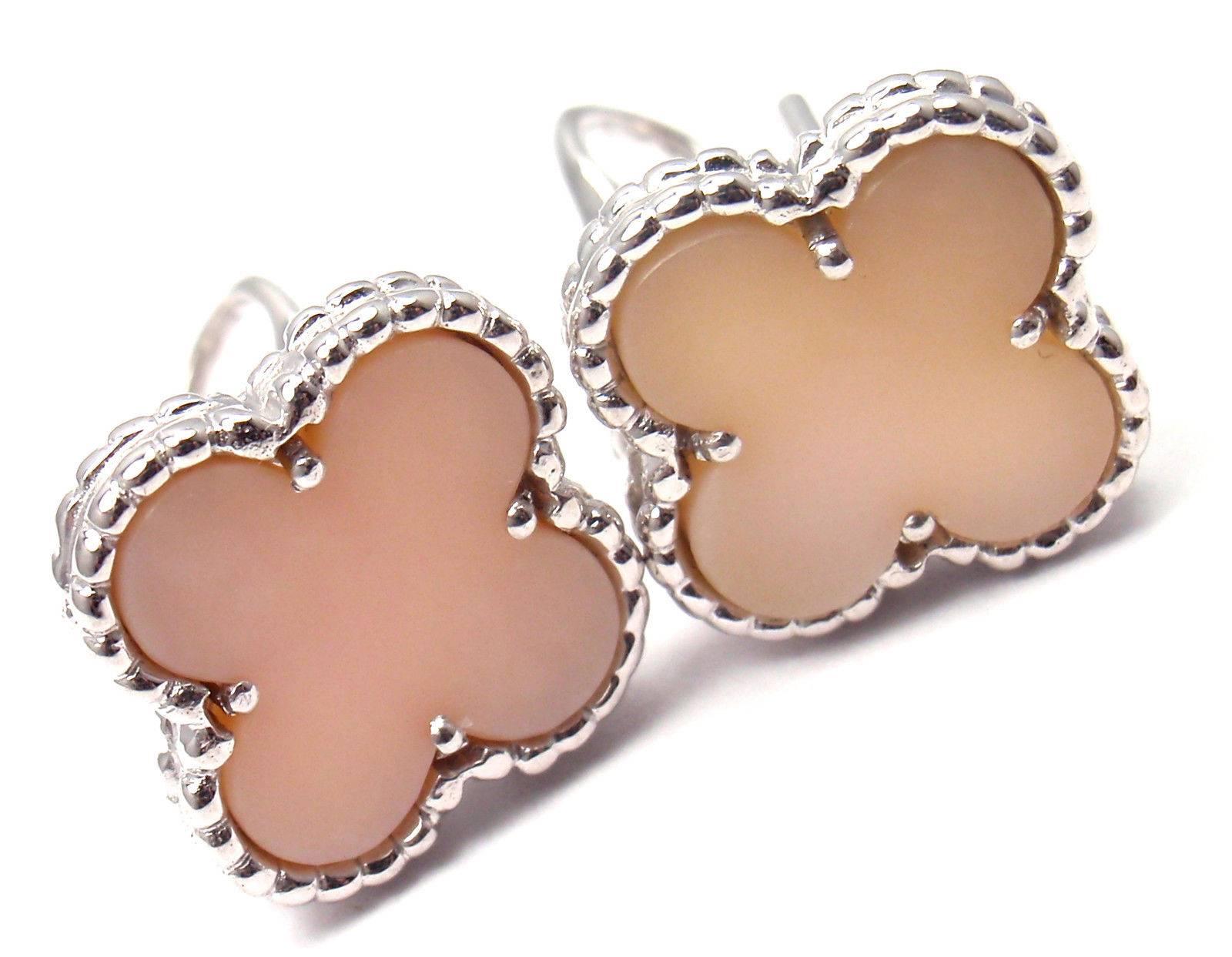 Van Cleef & Arpels Vintage Alhambra Pink Opal White Gold Earrings In New Condition In Holland, PA