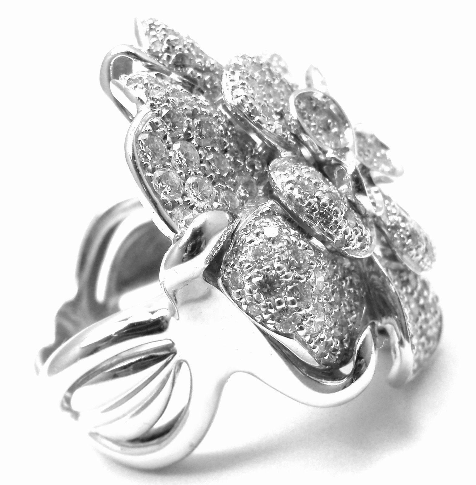 18k White Gold Diamond Large Camelia Flower Ring by Chanel. From the Chanel 
