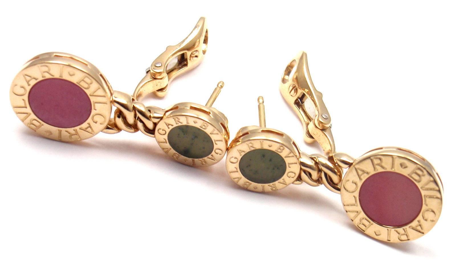 Women's or Men's Bulgari Jade Rhodochrosite Gold Signature Earrings