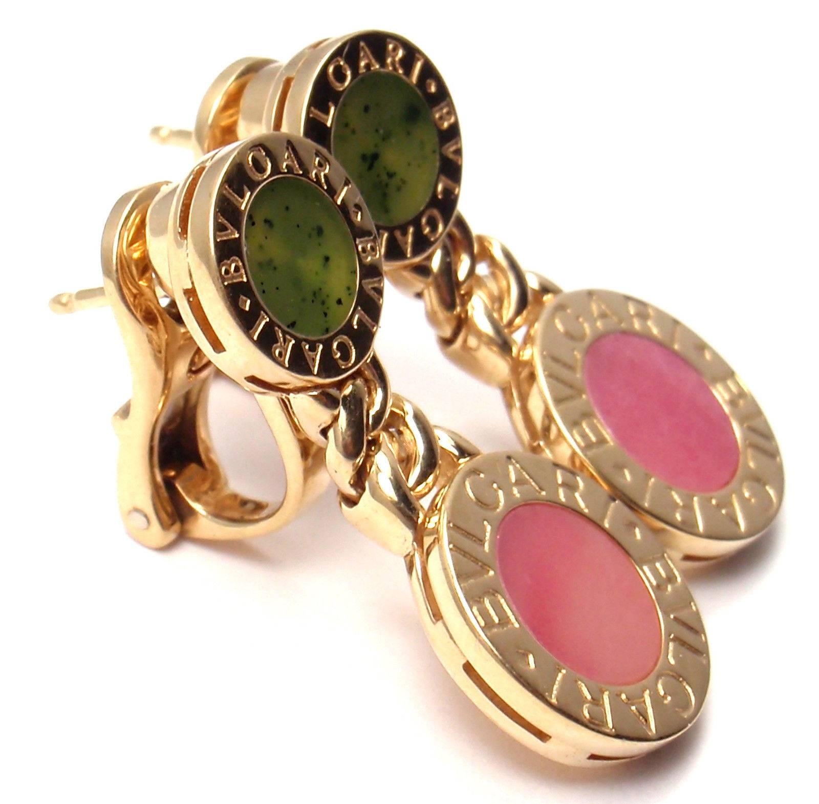 Bulgari Jade Rhodochrosite Gold Signature Earrings 3