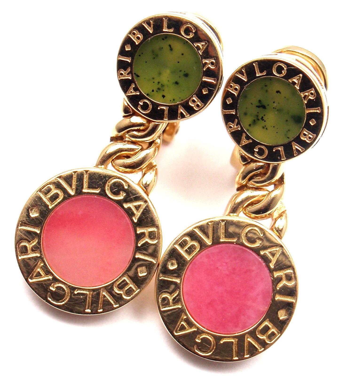 18k Yellow GoldJade Rhodochrosite Signature Earrings by Bulgari.  
With 2x 6mm Jade
2x 8mm Rhodochrosite
Details: 
Measurements: 13mm x 28mm
Weight: 16 grams
Stamped Hallmarks: Bvlgari 750
*Free Shipping within the United States*  
Your