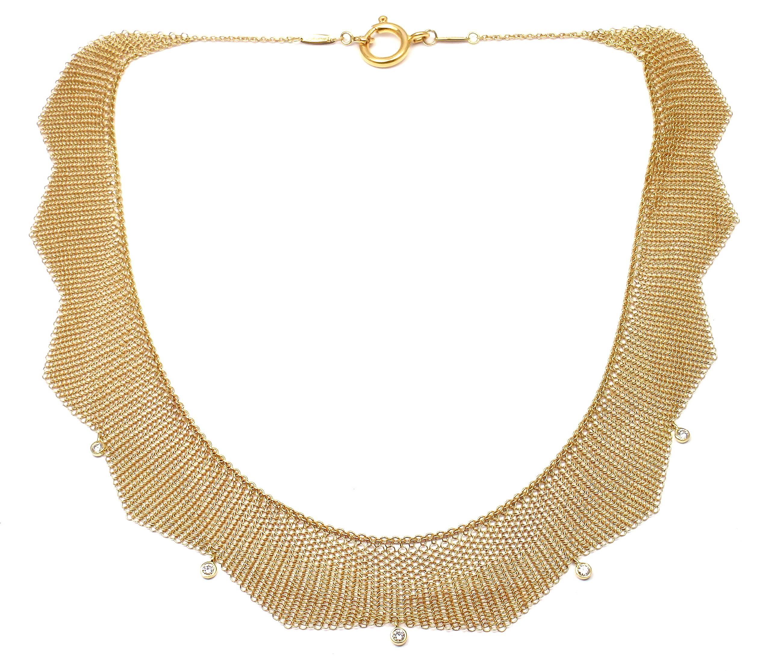 18k Yellow Gold Diamond Mesh Necklace by Elsa Peretti for TIffany & Co. 
With 5 round brilliant cut diamonds VS1 clarity, G color total weight approx. .25ct

Details:
Necklace Length: 16.5