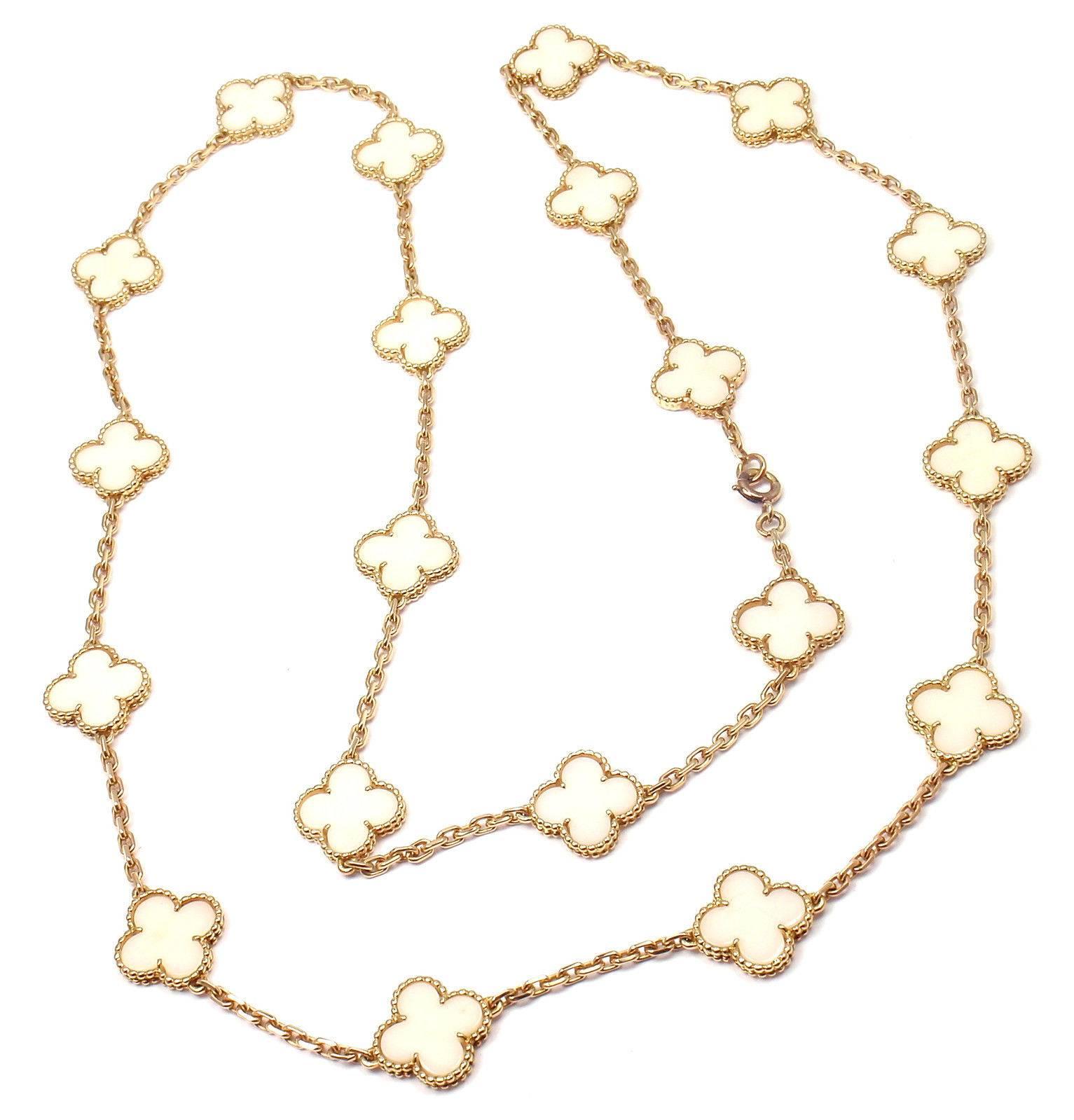 Van Cleef & Arpels Vintage White Coral 20 Motifs Alhambra Yellow Gold Necklace. 
With 20 motifs of white coral alhambra stones 15mm each  
*** This is an extremely rare, early, highly collectible white coral alhambra necklace by Van Cleef