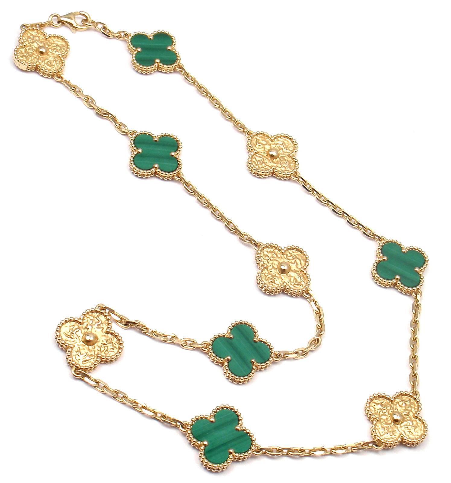 18k Yellow Gold Limited Edition Vintage Alhambra Malachite And Gold Necklace by Van Cleef & Arpels. 
With 5 alhambra shape malachite clovers 15mm each
5 alhambra shape 18k yellow gold clovers.
This necklace is Number 65.
This necklace comes with