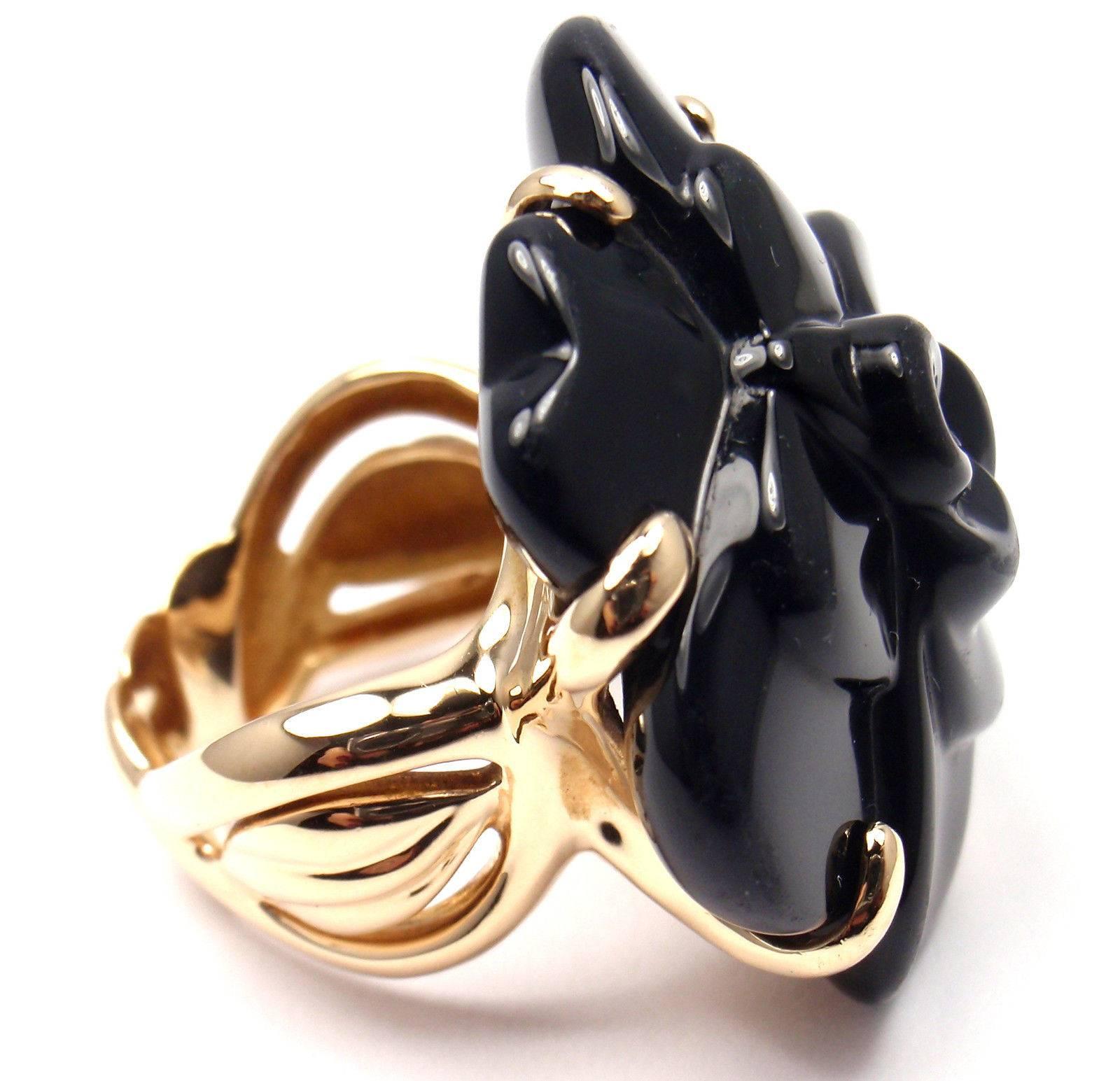 Women's or Men's Chanel Camelia Large Black Agate Flower Gold Ring