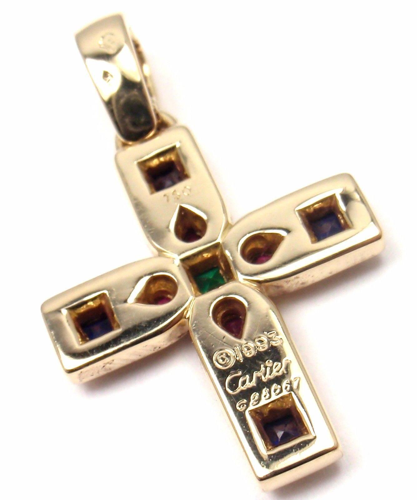 Cartier Vizantija Cross Sapphire Ruby Emerald Gold Pendant In New Condition In Holland, PA