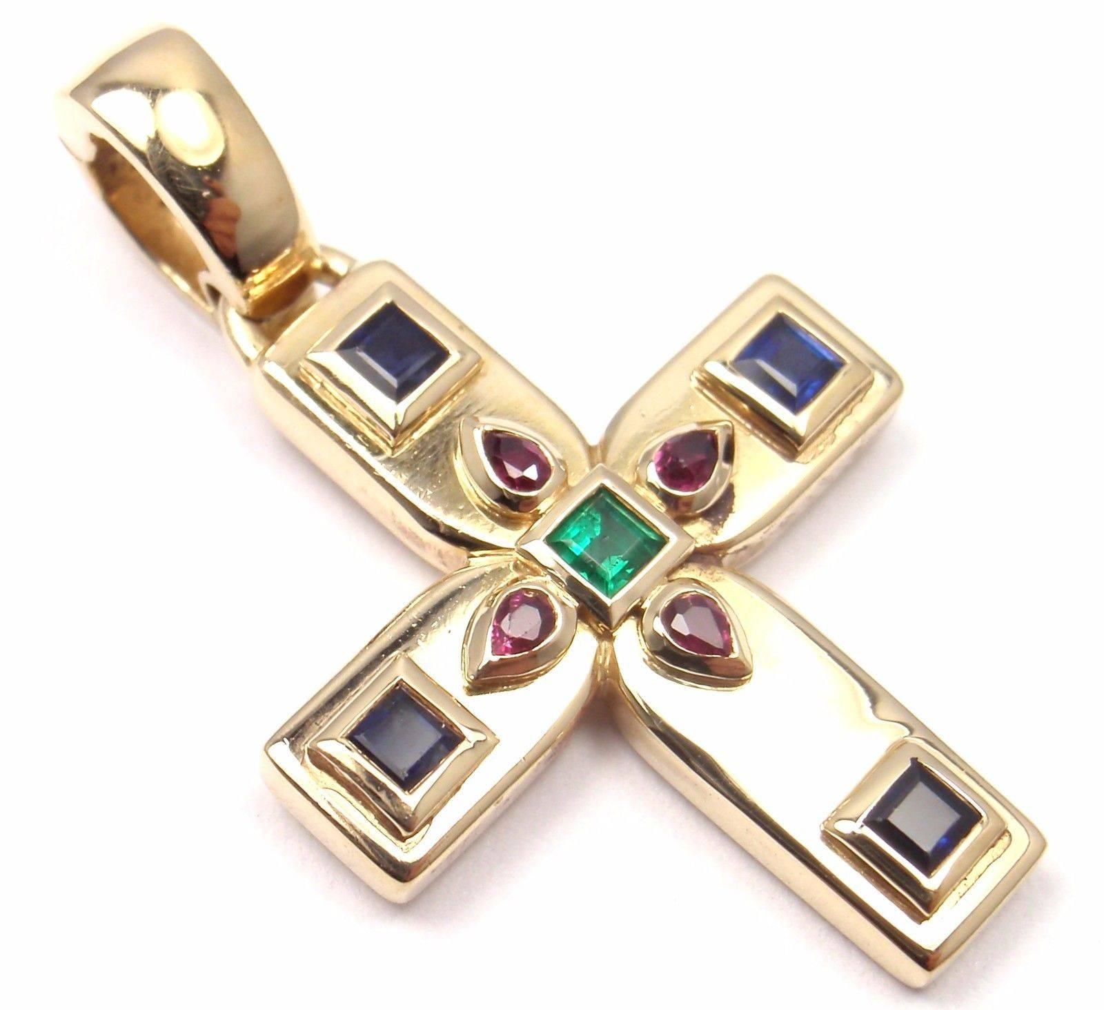 Women's or Men's Cartier Vizantija Cross Sapphire Ruby Emerald Gold Pendant