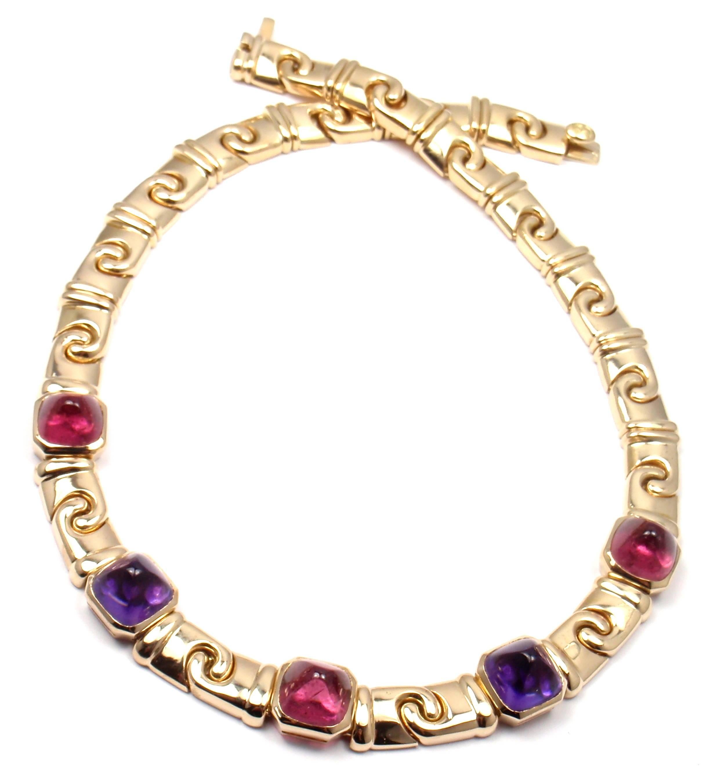 18k Yellow Gold Amethyst & Pink Tourmaline Sugarloaf Cabochon Link Necklace by Bulgari. 
This necklace comes with an original Bulgari box. 
With 2 sugarloaf cabochon amethysts 10mm x 13mm
3 sugarloaf cabochon pink tourmalines 10mm x