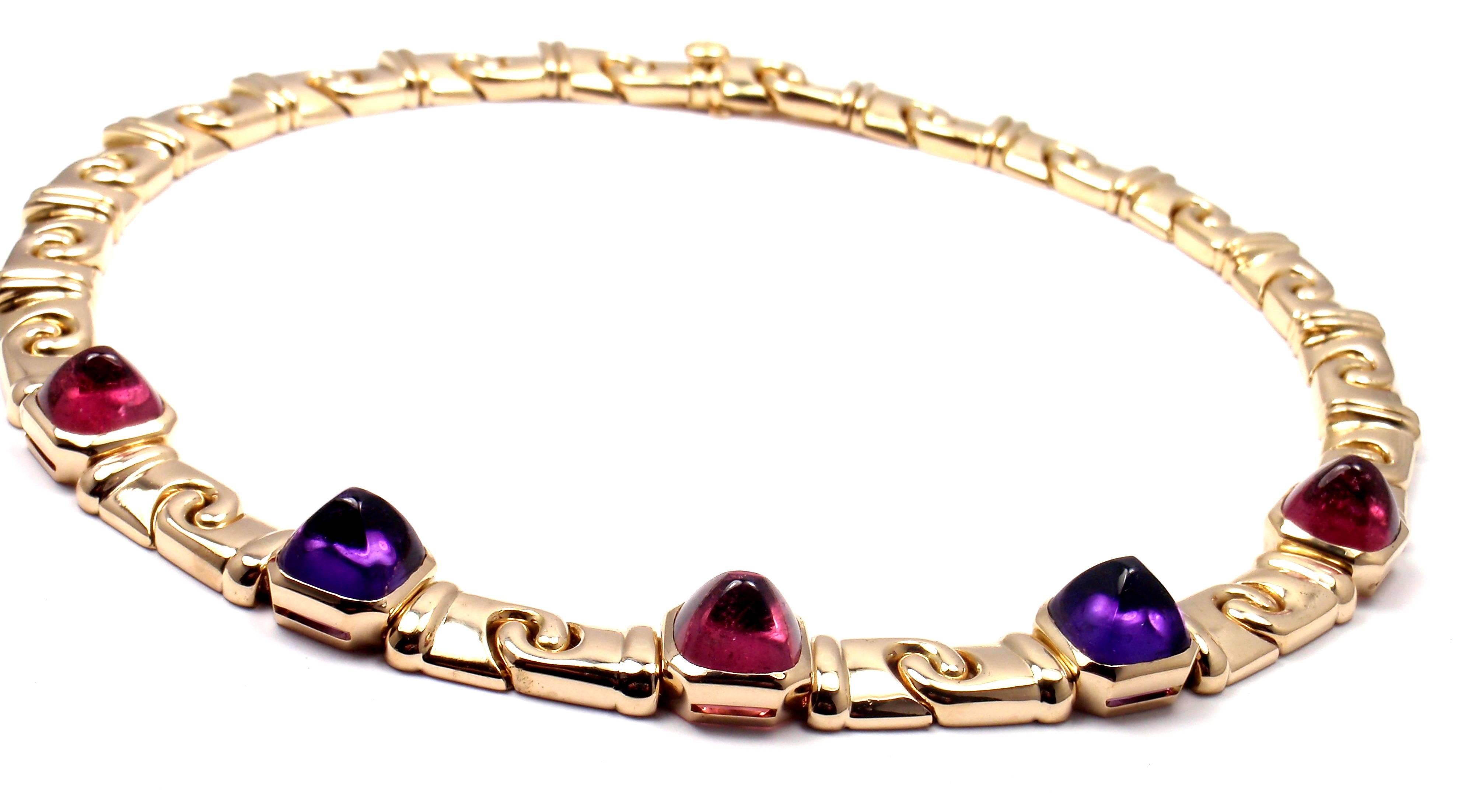 Bulgari Amethyst Pink Tourmaline Sugarloaf Cabochon Gold Link Necklace In New Condition In Holland, PA
