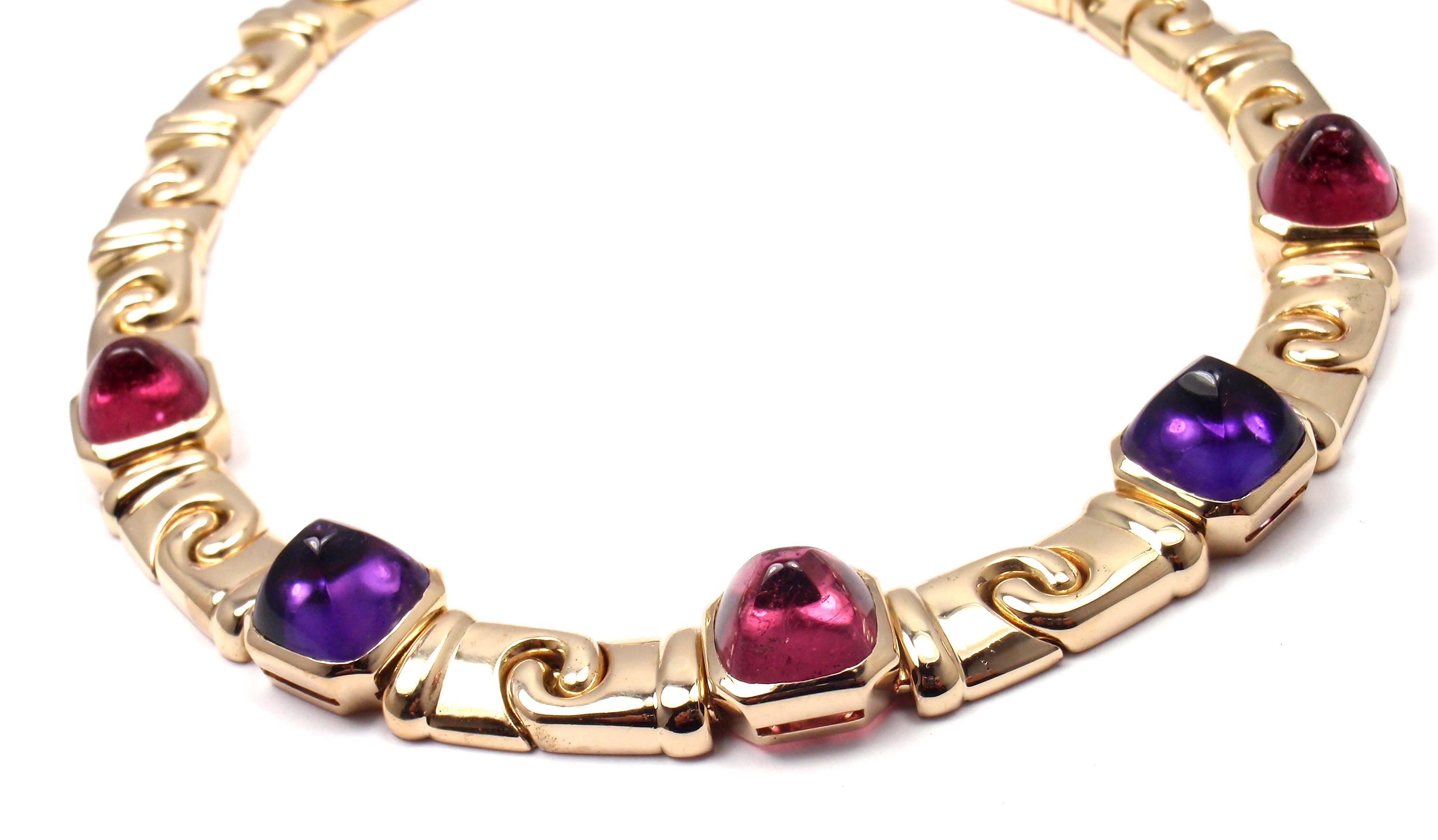 Bulgari Amethyst Pink Tourmaline Sugarloaf Cabochon Gold Link Necklace 1