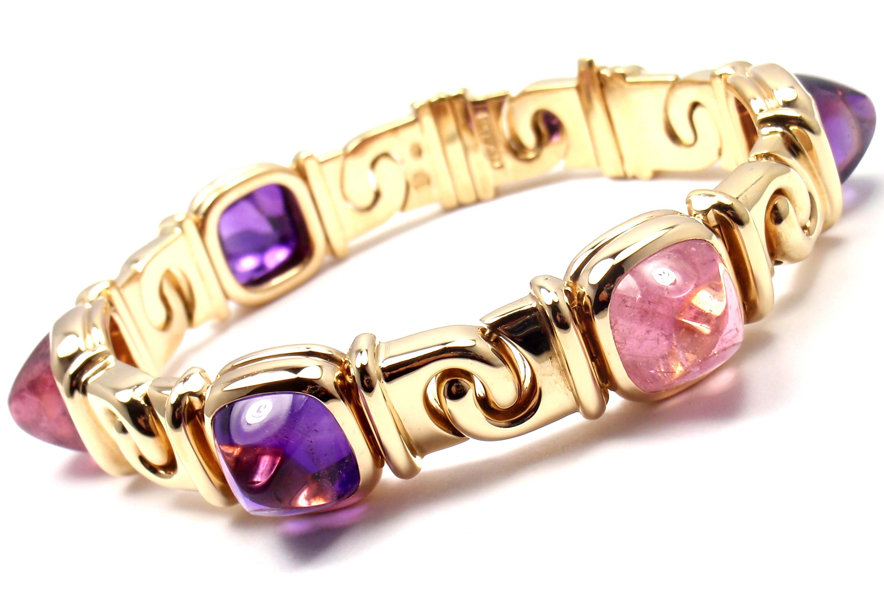 Bulgari Amethyst Rosa Turmalin Zuckerhut Cabochon Link Goldarmband 4