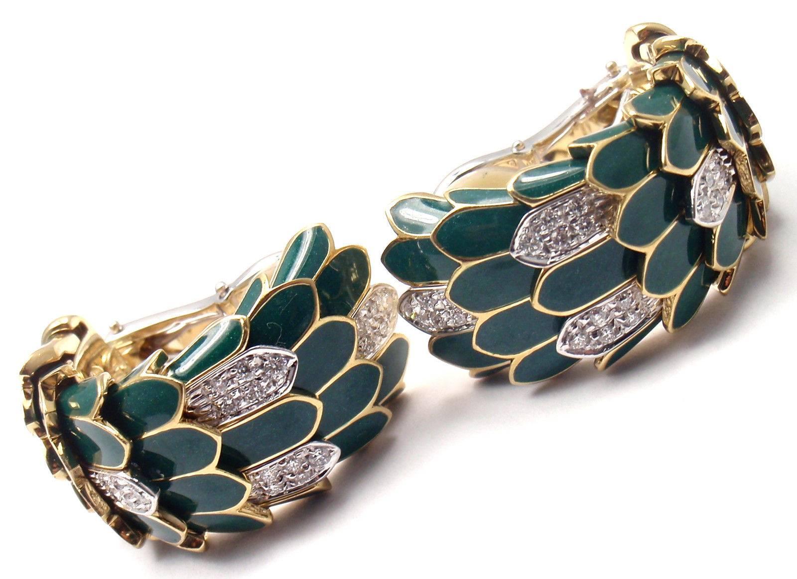 Roberto Coin Cobra Animelier Green Enamel Diamond Rose Gold Earrings In New Condition In Holland, PA