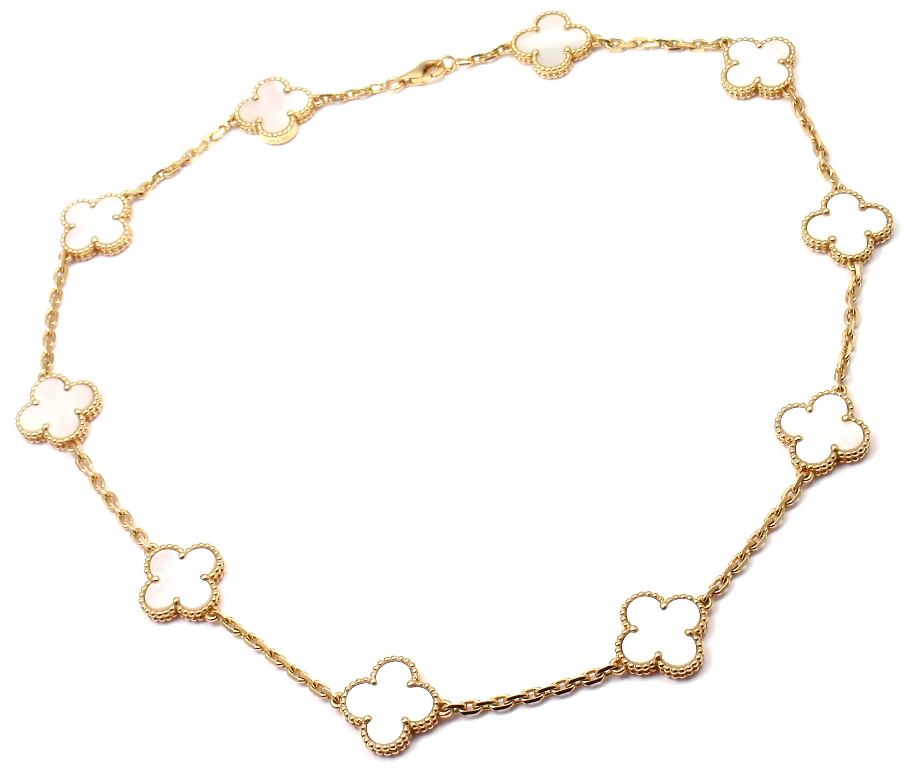 18k Yellow Gold Alhambra 10 Motifs Mother Of Pearl Necklace by
Van Cleef & Arpels.
With 10 motifs of mother of pearl Alhambra stones 15mm each

Details:
Length: 16.5