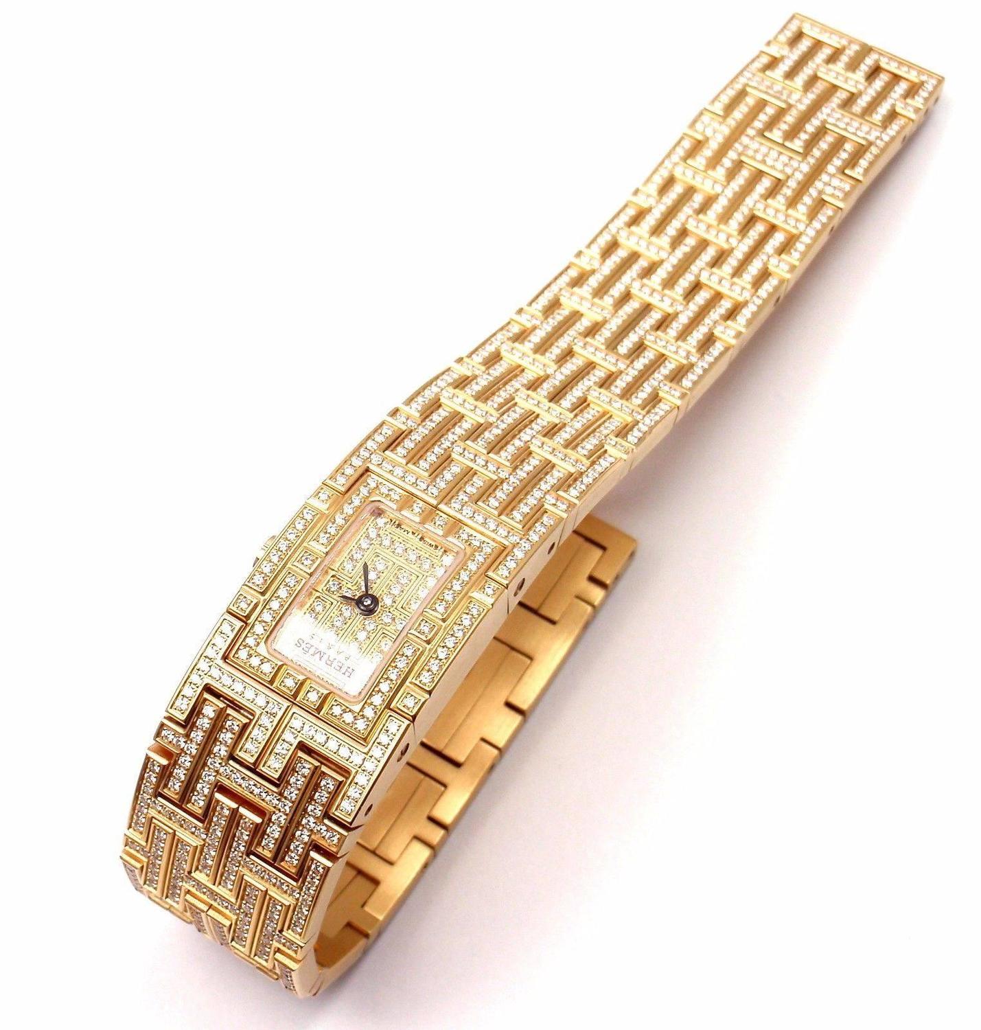 Hermes Ladies Yellow Gold Diamond Kilim H Bracelet Wristwatch For Sale at 1stdibs