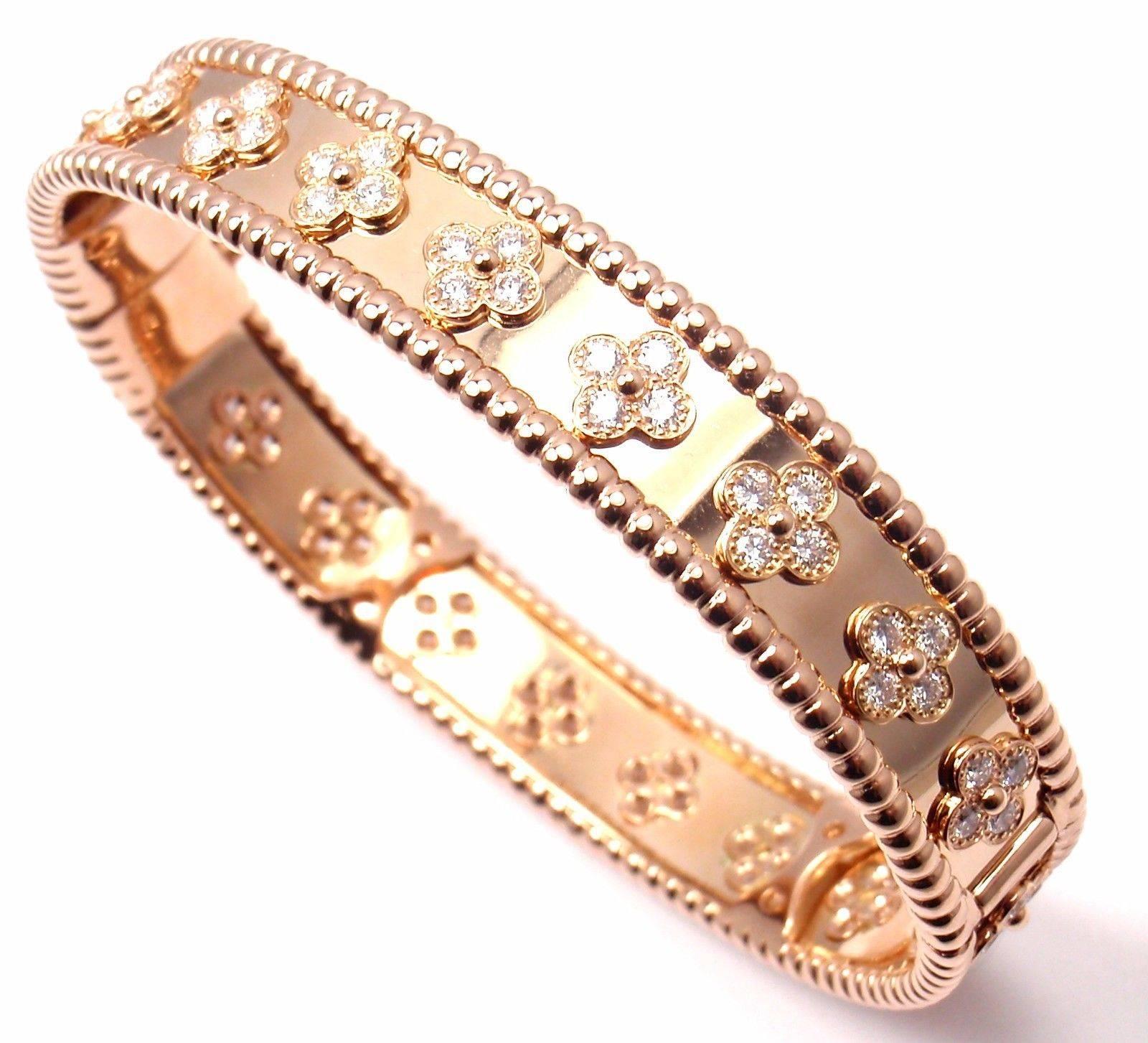 Van Cleef & Arpels Perlee Diamond Clover Rose Gold Bangle Bracelet In New Condition In Holland, PA