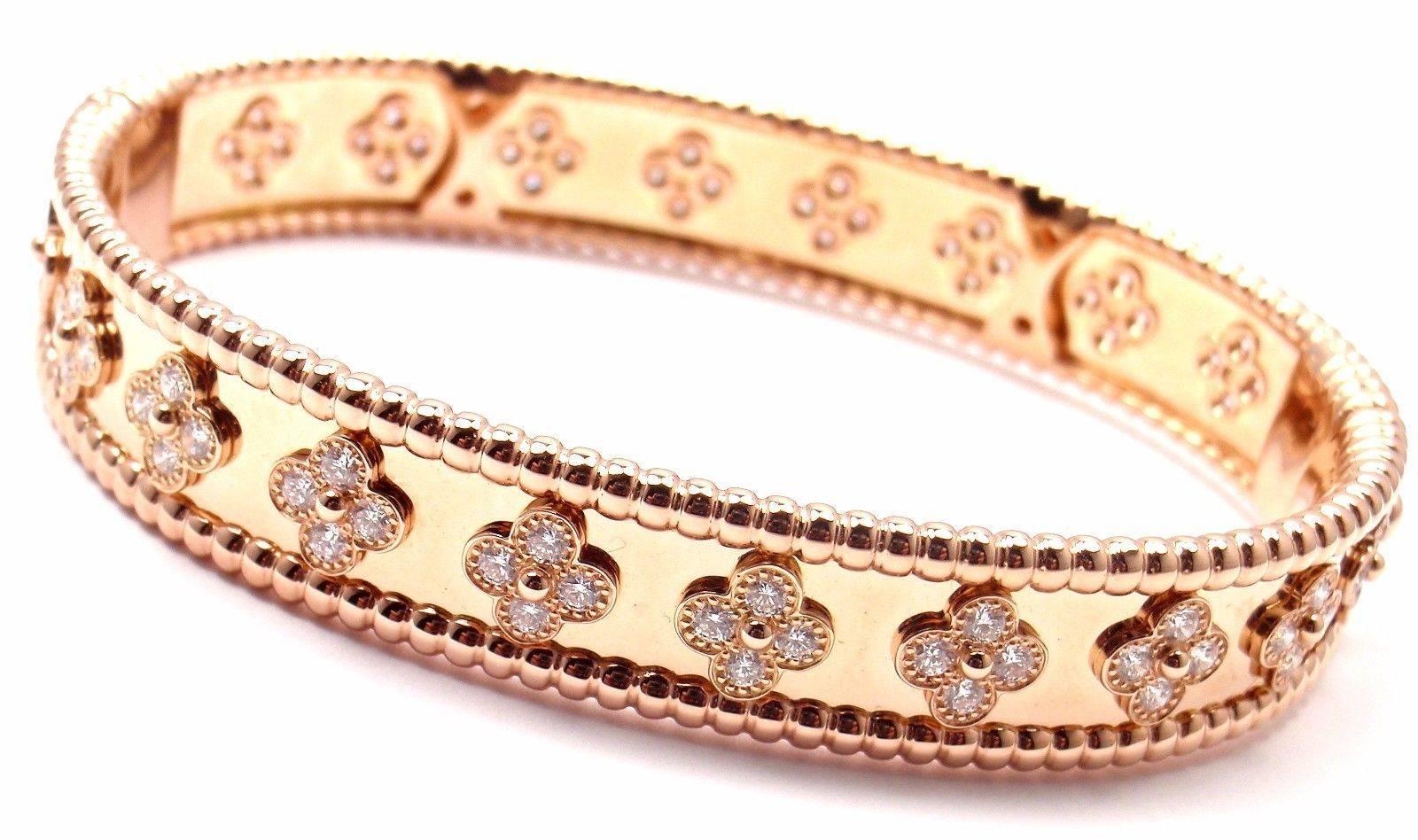 18k Rose Gold Diamond Clover Perlee Bangle Bracelet by Van Cleef & Arpels.  
With 80 brilliant round cut diamond VVS1 clarity, E color
Total weight approx. 1.78ct
This bracelet comes with original Van Cleef & Arpels certificate.
Retail Price: