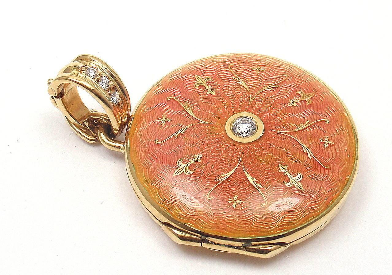 Faberge Ltd Edition Modern Diamond Orange Pink Enamel Gold Locket Pendant In New Condition In Holland, PA