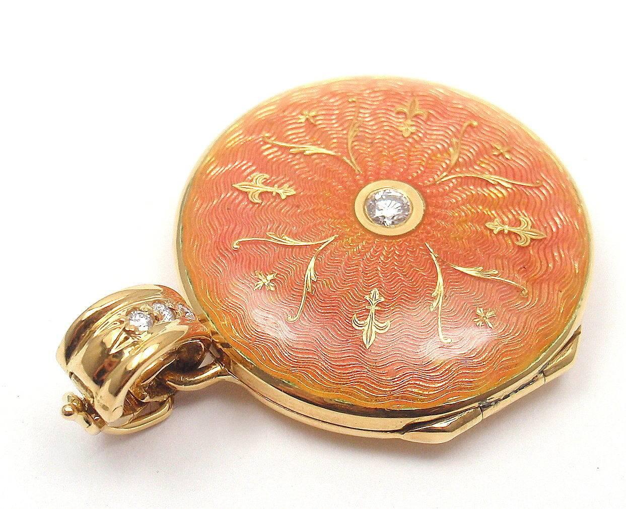 8k Yellow Gold Diamond Orange Pink Enamel Pendant by Modern Faberge.
With three diamonds in bale and one center diamond total 4 diamonds.
Limited edition locket, one of 200 produced. 
Beautiful pink to orange wave gradients in enamel with small