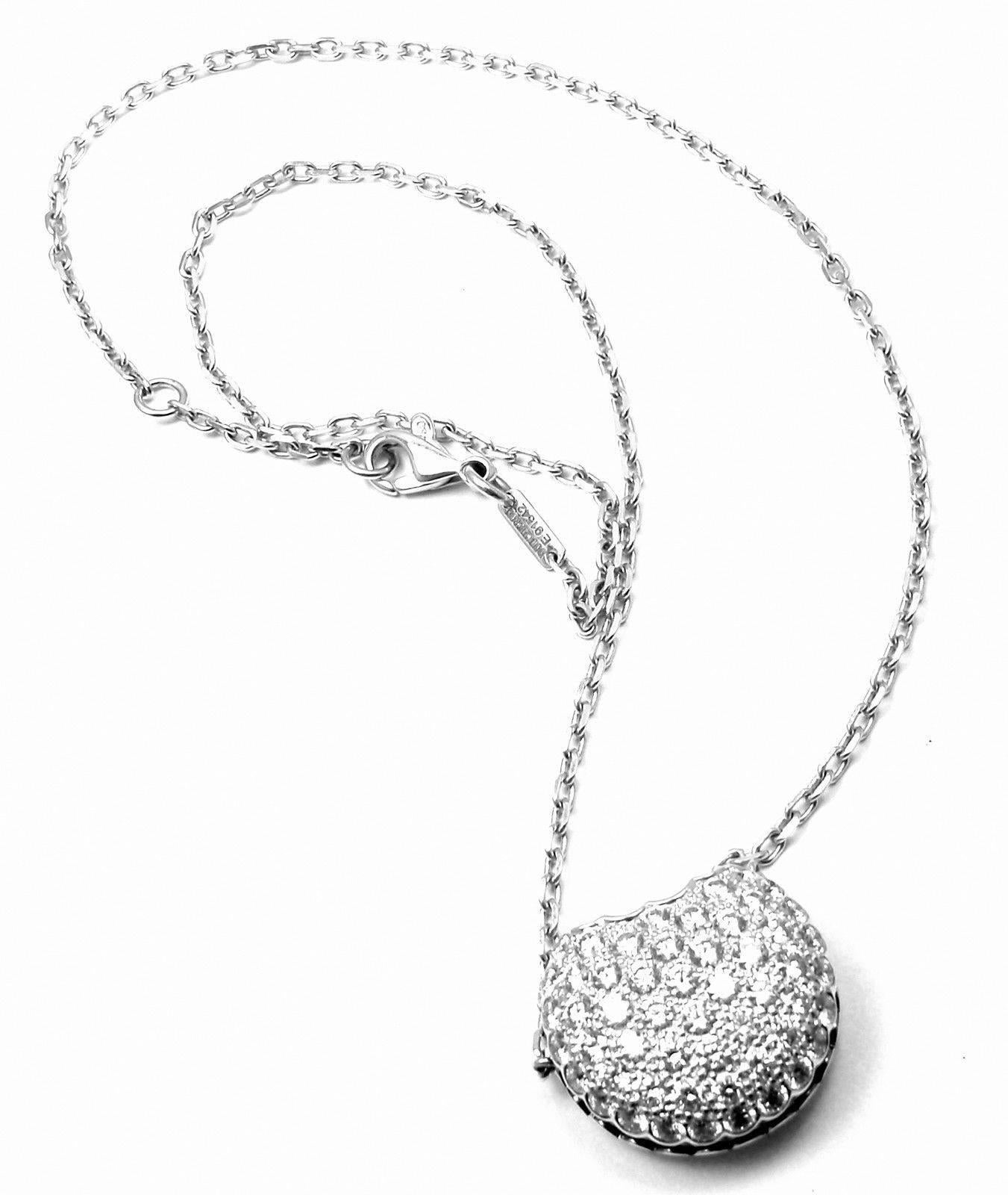 18K White Gold Macaron Diamond Large Pendant Necklace by Boucheron Paris. 
With 54 round brilliant cut diamonds VS1 clarity, E color, total weight approx. 2.5ct

Details: 
Measurements: Pendant: 21mm x 19mm
Chain: Length 16.5" Width: