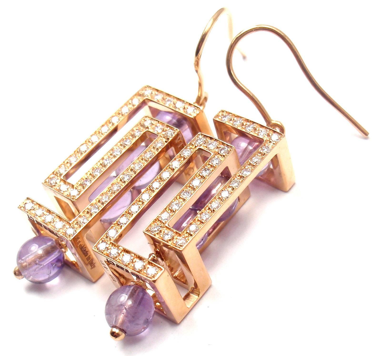 18k Rose Gold Fedra Diamond And Amethyst Earrings By Versace. 
With 76 round brilliant cut diamonds VS clarity, G color total weight approx .76ct 
8 round amethyst
These earrings come with box and certificate of authenticity.  
Details: 