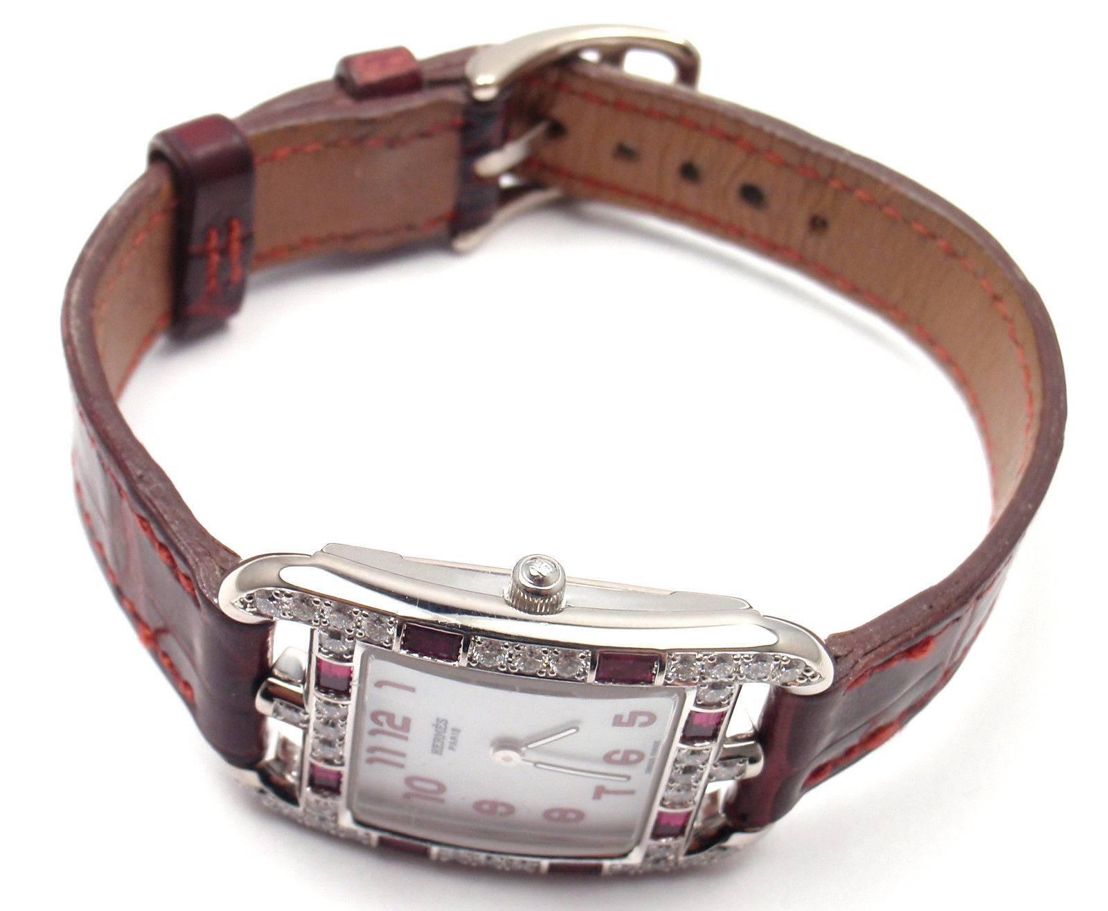 Hermes White Gold Diamond Ruby Red Band Cape Cod Quartz Wristwatch In New Condition In Holland, PA