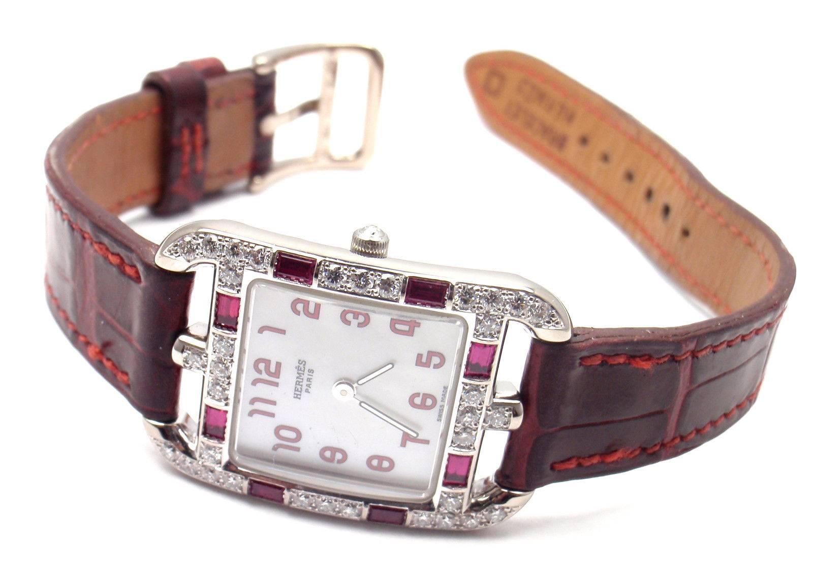 Women's or Men's Hermes White Gold Diamond Ruby Red Band Cape Cod Quartz Wristwatch