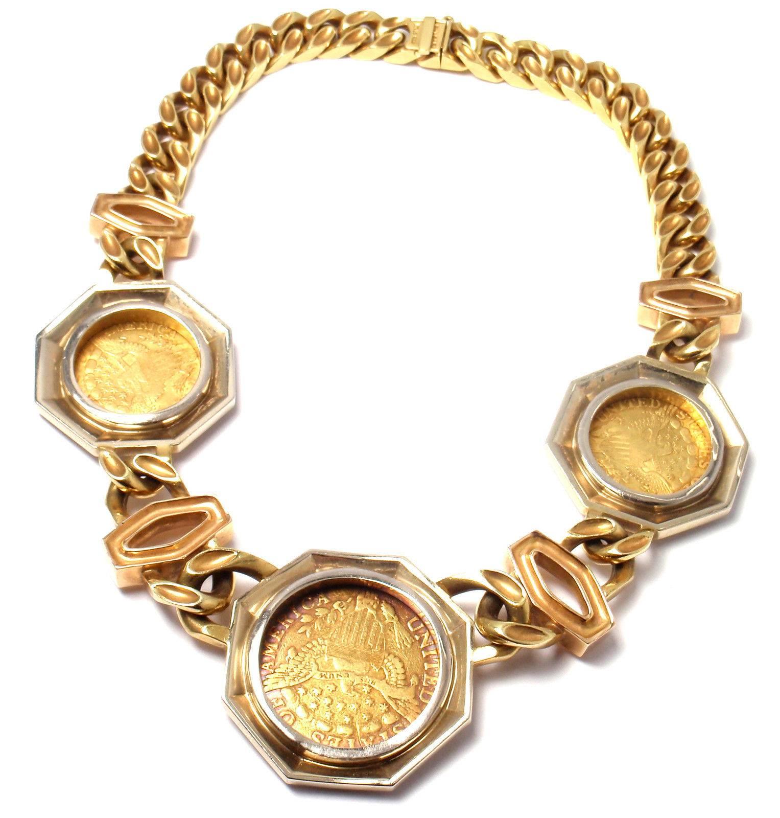 Bulgari Three Antique Gold American Coins Heavy Large Link Necklace In New Condition In Holland, PA