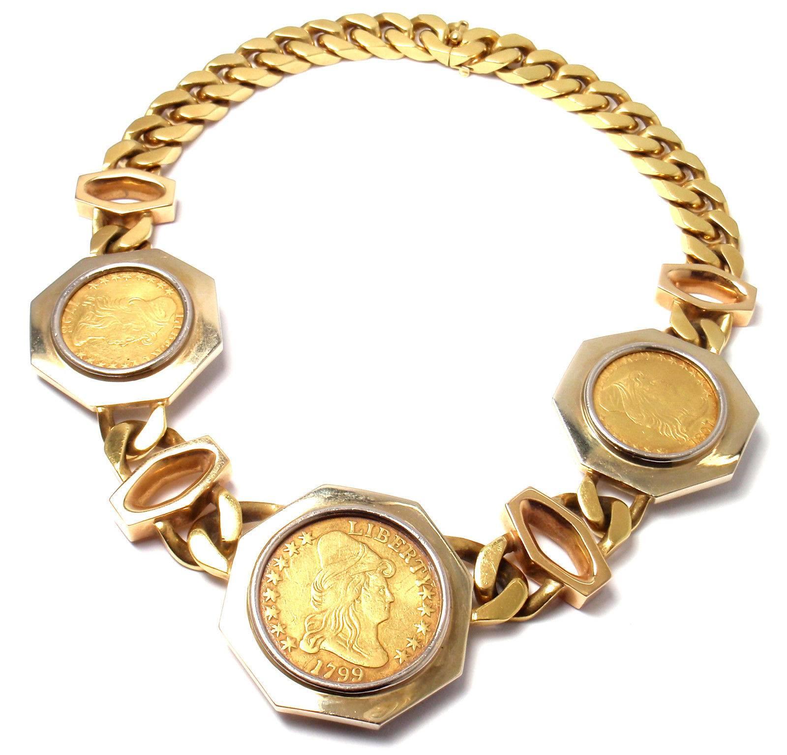 18k Yellow Gold Three Gold American Coins Heavy Large Link Necklace by Bulgari.

With 1 Large 34mm Gold draped liberty coin dated 1799
2 Smaller 26mm Gold draped liberty coins dated 1798 and 1807
*** According to the coin grading company PCGS