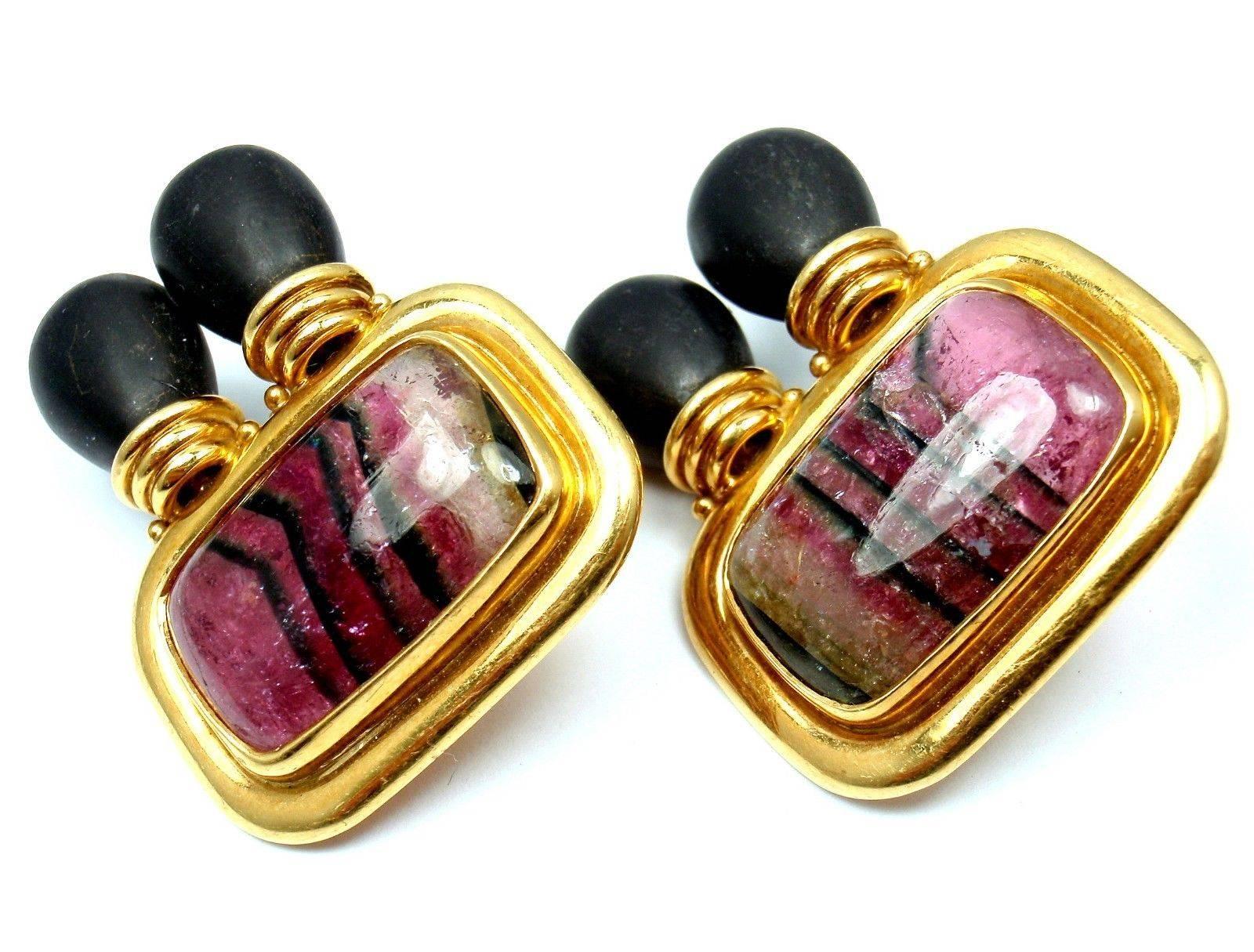 Elizabeth Gage Ebony Wood Watermelon Tourmaline Yellow Gold Large Earrings In New Condition In Holland, PA