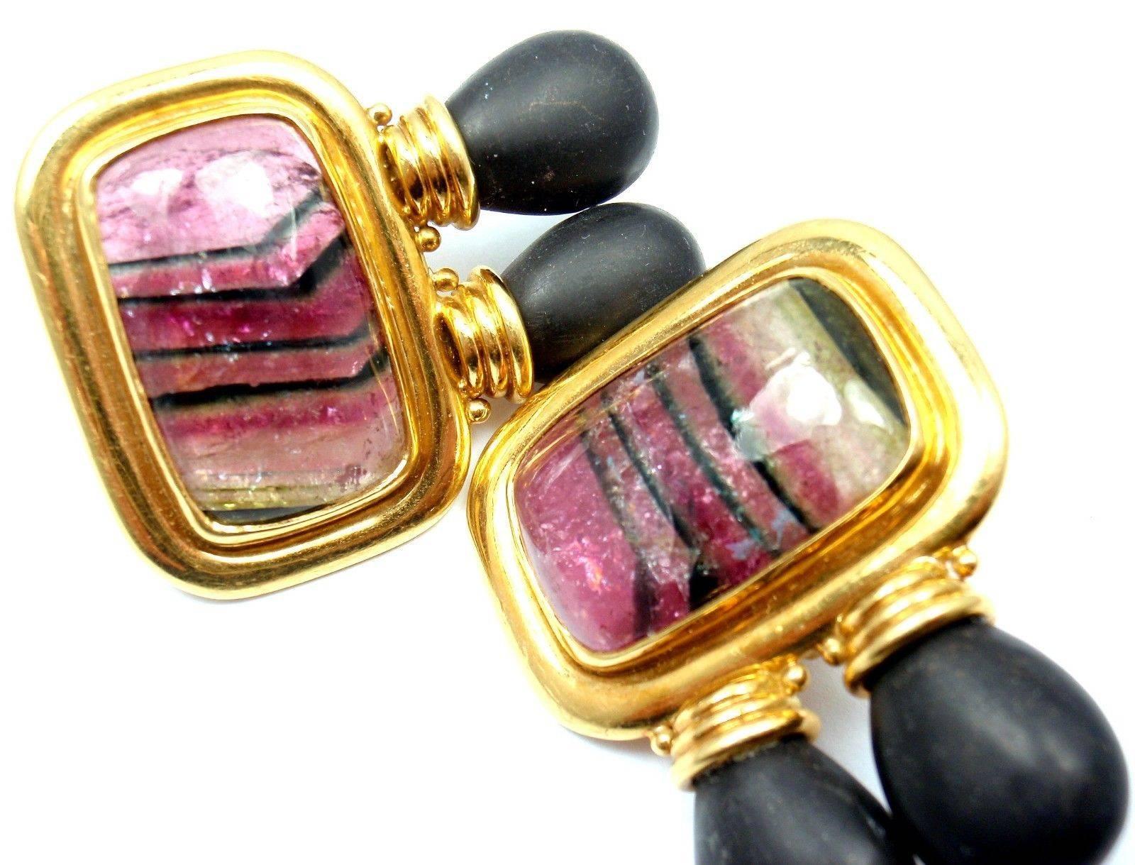 Elizabeth Gage Ebony Wood Watermelon Tourmaline Yellow Gold Large Earrings 2